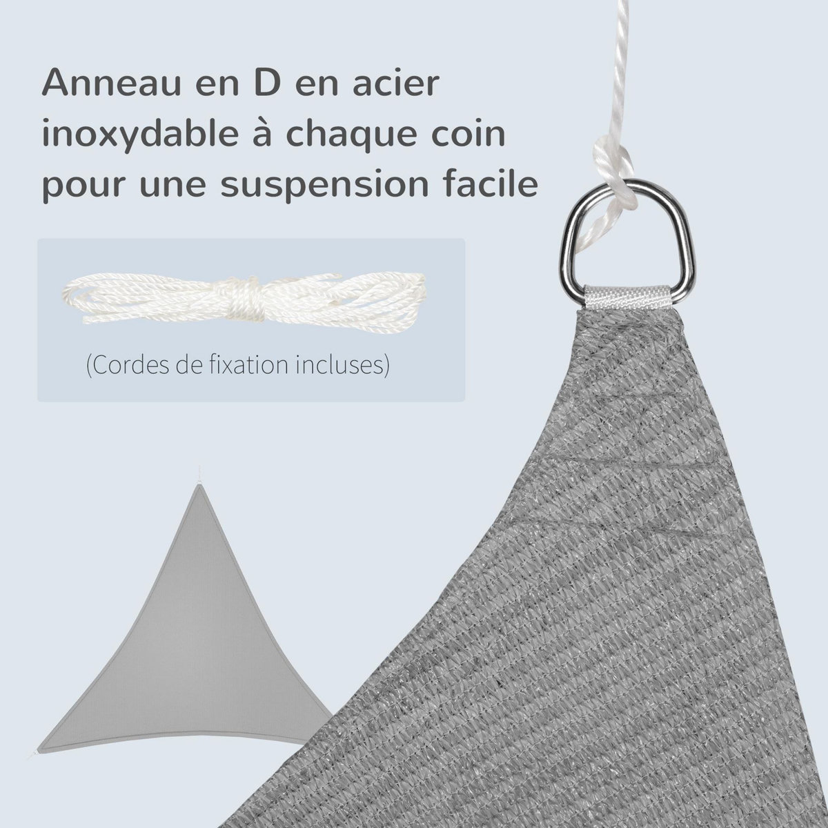 OUTSUNNY Voile d'ombrage triangulaire grande taille 3,6 x 3,6 x 3,6 m polyéthylène haute densité HDPE résistant aux UV gris