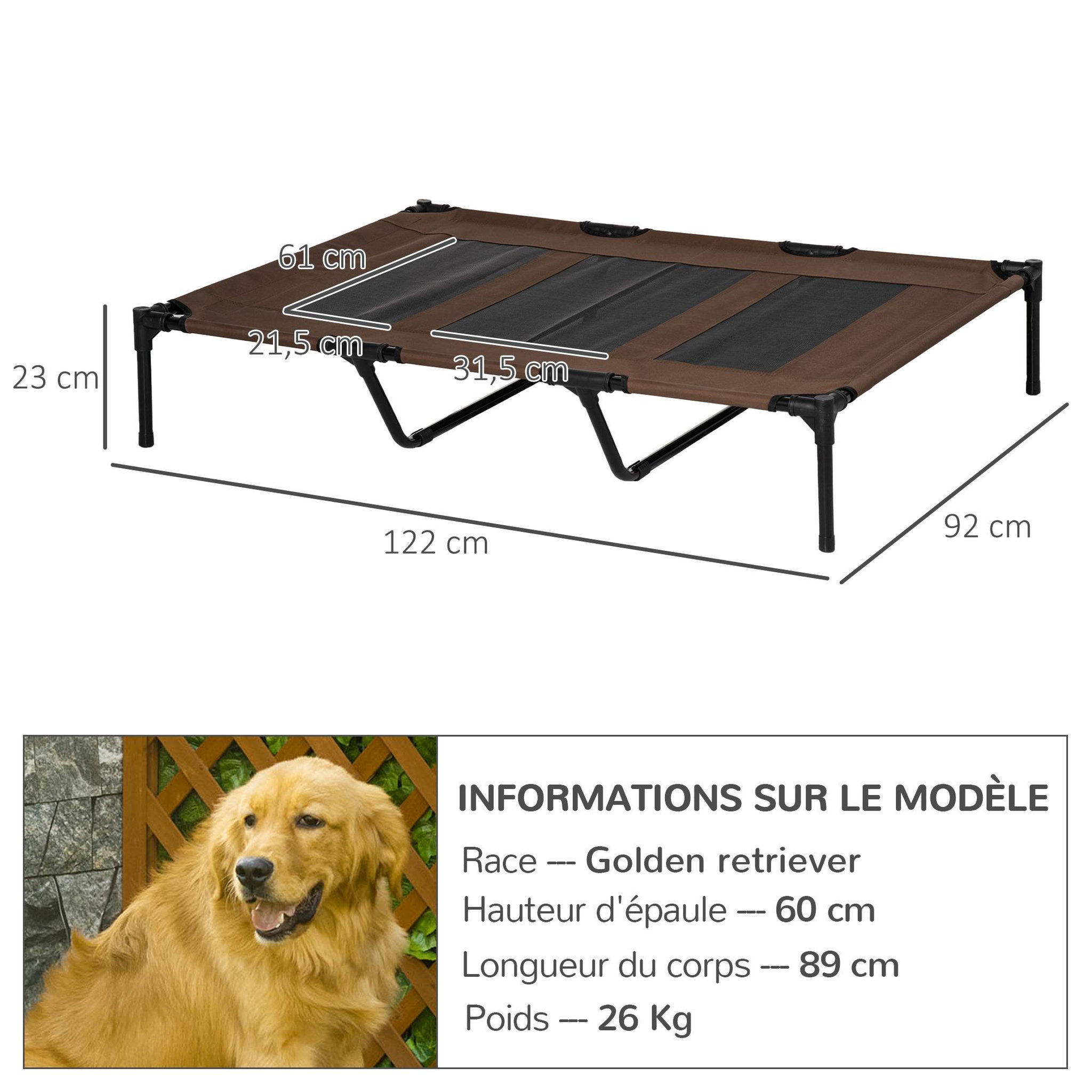 Voir la diapositive 3 : PAWHUT Lit sur pieds xxl pour chien chat lit de camp animal lit surélevé oxford textilène micro-perforé dim. 122l x 92l x 23h cm marron clair
