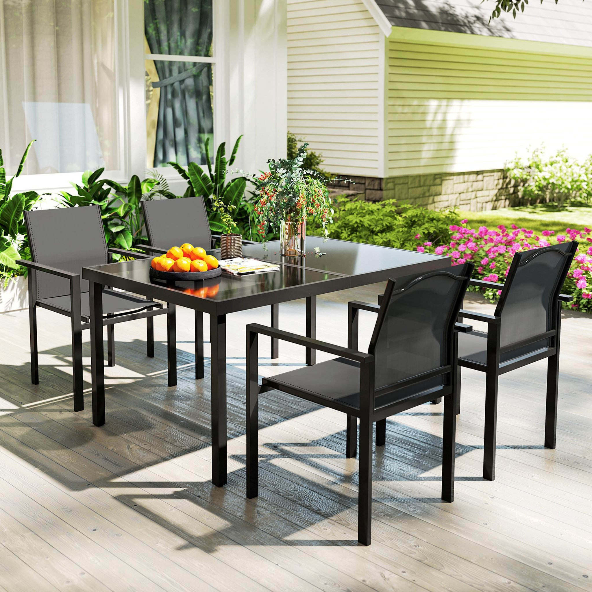 Voir la diapositive 4 : OUTSUNNY Ensemble table de jardin rectangulaire et 4 chaises empilables métal textliène verre trempé noir