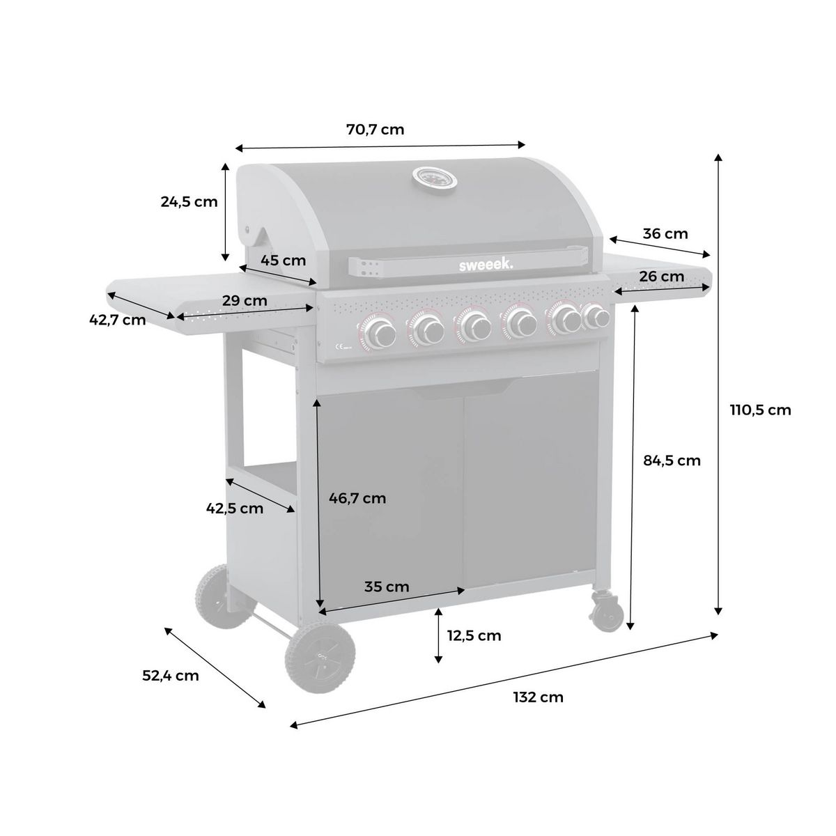 SWEEEK Barbecue au gaz Edmond noir - 5 brûleurs + 1 feu latéral. avec thermomètre. L 132x P62 x H143 cm