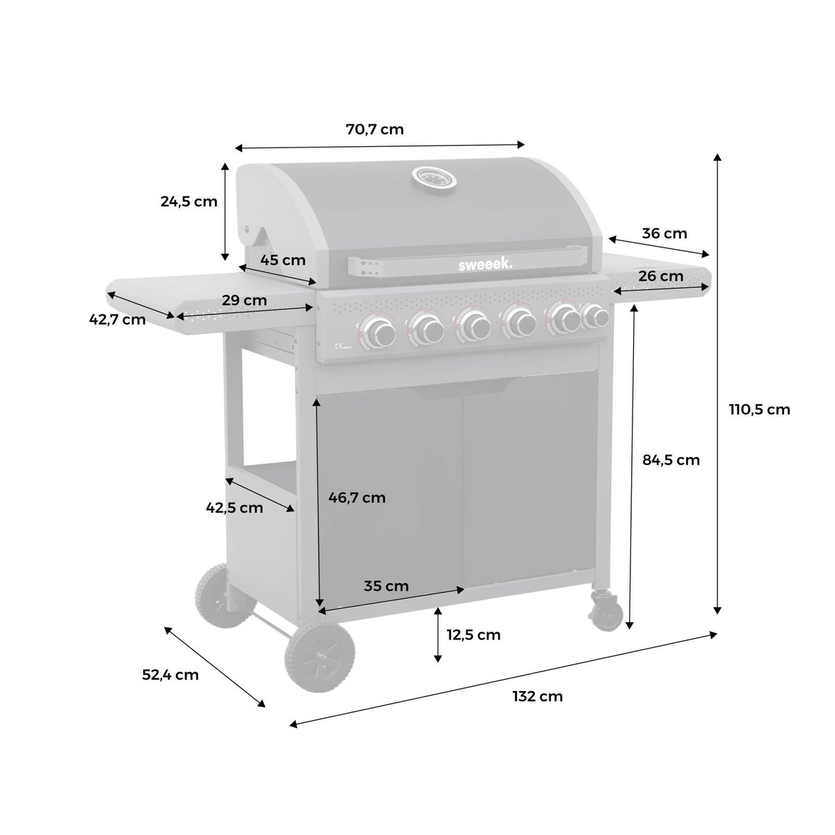 SWEEEK Barbecue au gaz Edmond noir - 5 brûleurs + 1 feu latéral. avec thermomètre. L 132x P62 x H143 cm