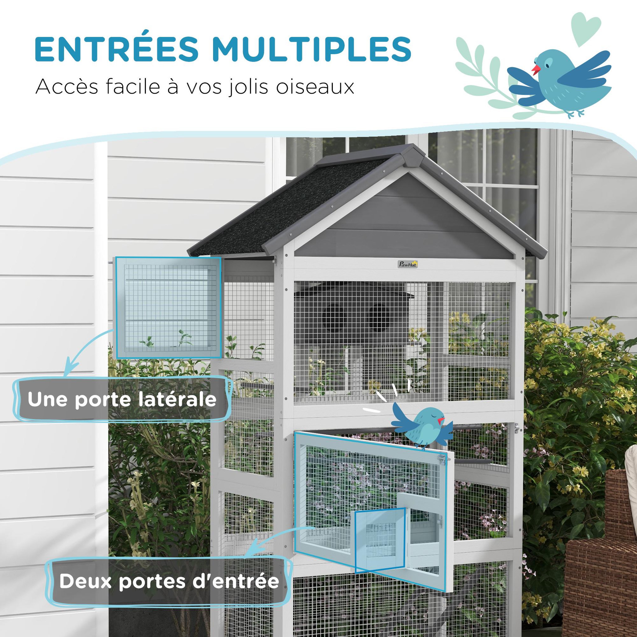 Voir la diapositive 5 : PAWHUT Volière grande cage à oiseaux en bois - 3 portes, toit bitumé double pente, échelle, perchoirs, nichoir, plateau - gris