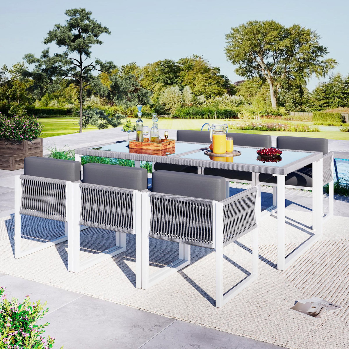 MERAX Salon de jardin 6 places en corde tressée avec table et fauteuils