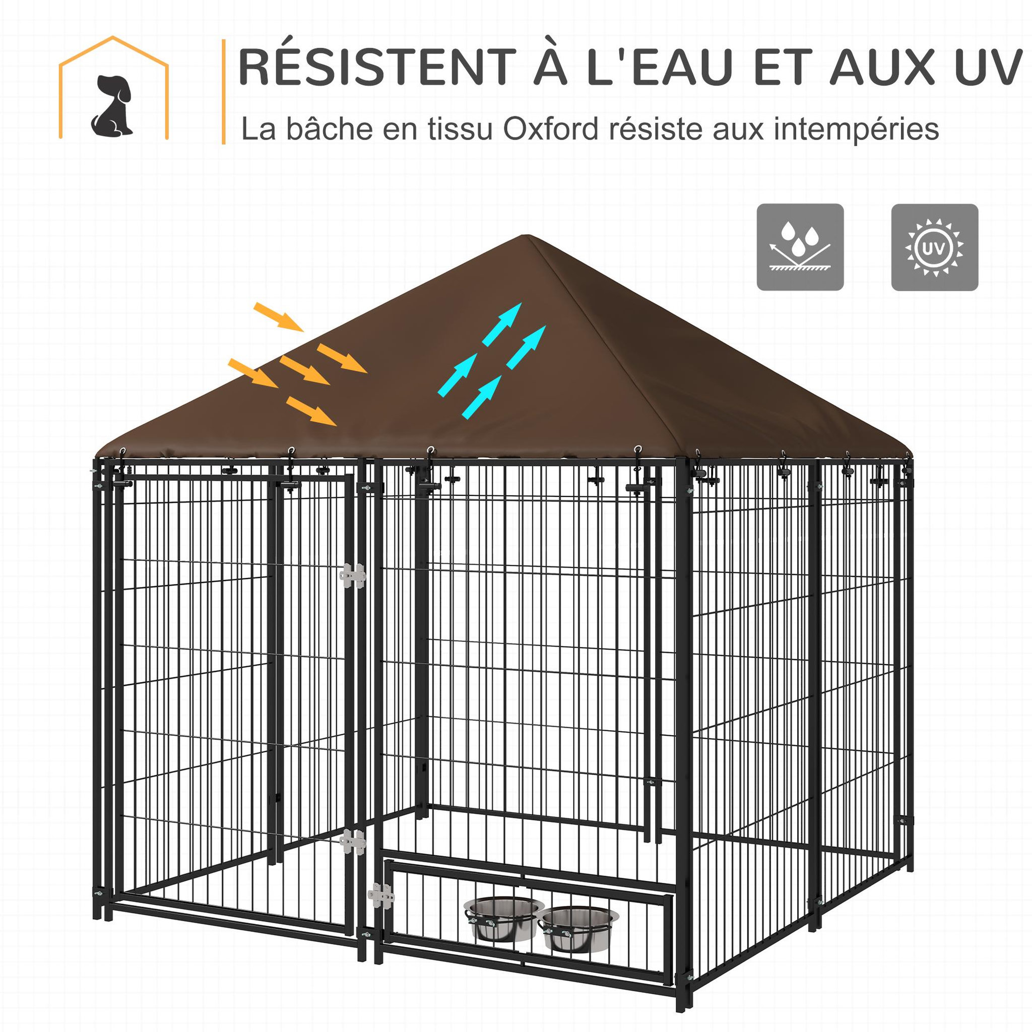 Voir la diapositive 5 : PAWHUT Chenil extérieur pour chiens en métal et tissu oxford avec support gamelle et toit résistant aux intempéries espace spacieux 141l x 141l x 151h cm noir