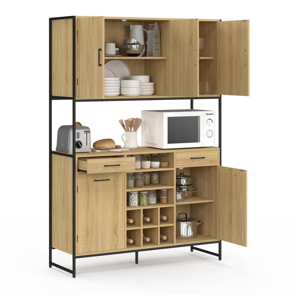 ID MARKET Buffet de cuisine 120 CM DETROIT 5 portes + tiroirs + range-bouteilles design industriel