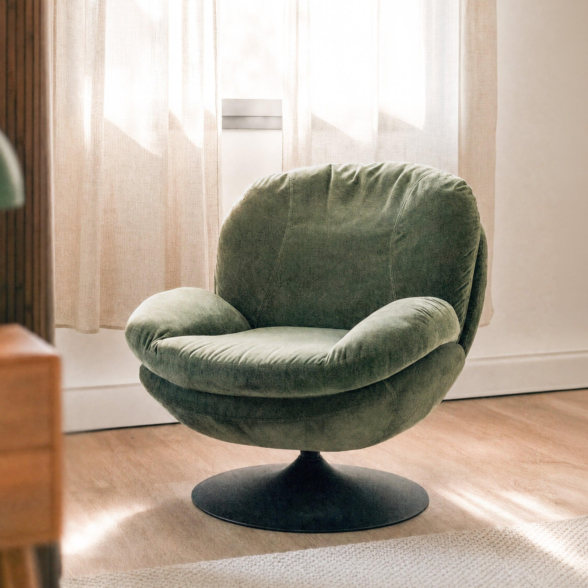 Voir la diapositive 2 : MAISON PAVANE Fauteuil pivotant en tissu effet velours vert kaki-ricci