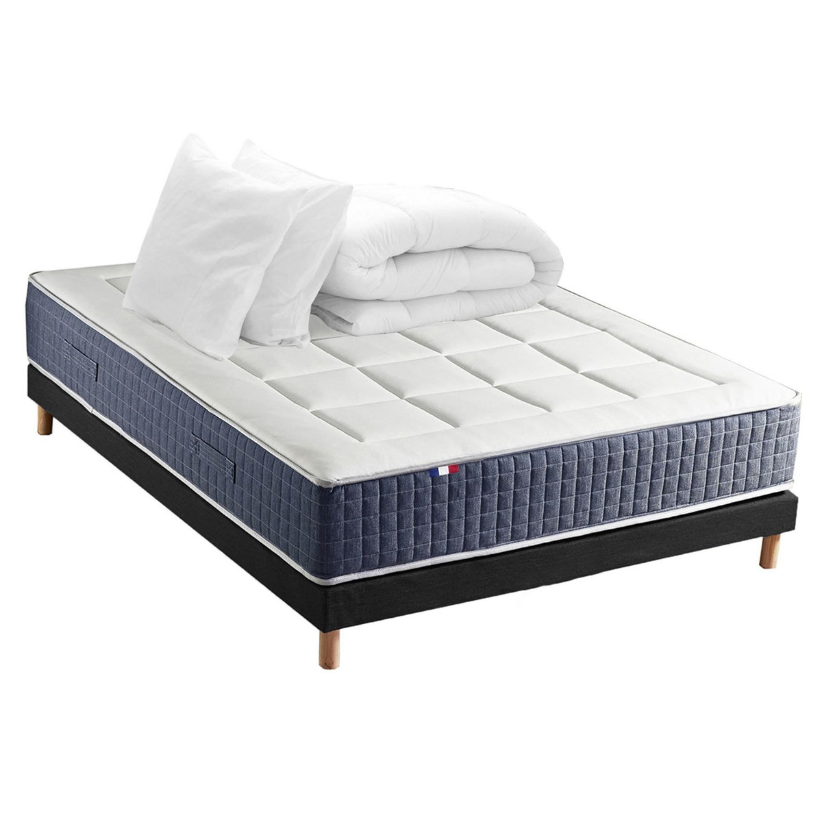 IDLITERIE Ensemble Matelas Ressort 7 zones + Mémoire de forme + Sommier KING STYLE + couette + oreillers - Fabriqué en France