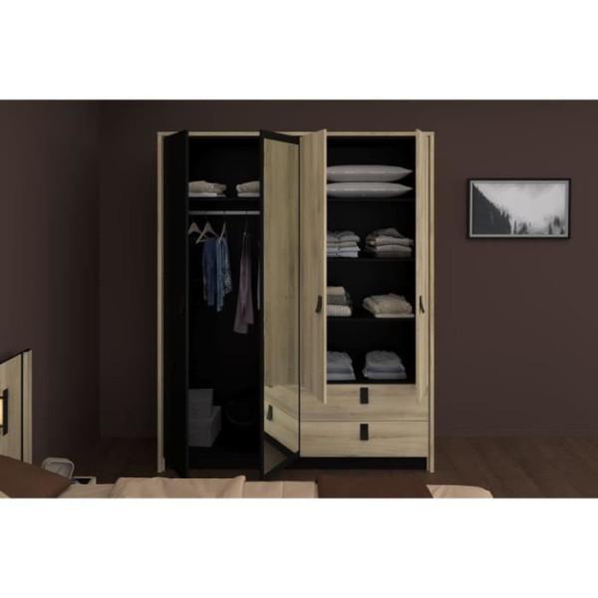 Voir la diapositive 5 : PARISOT Armoire - Chene / Noir - 4 portes 2 tiroirs - 162 x 52,1 x 199,2 cm - PARISOT
