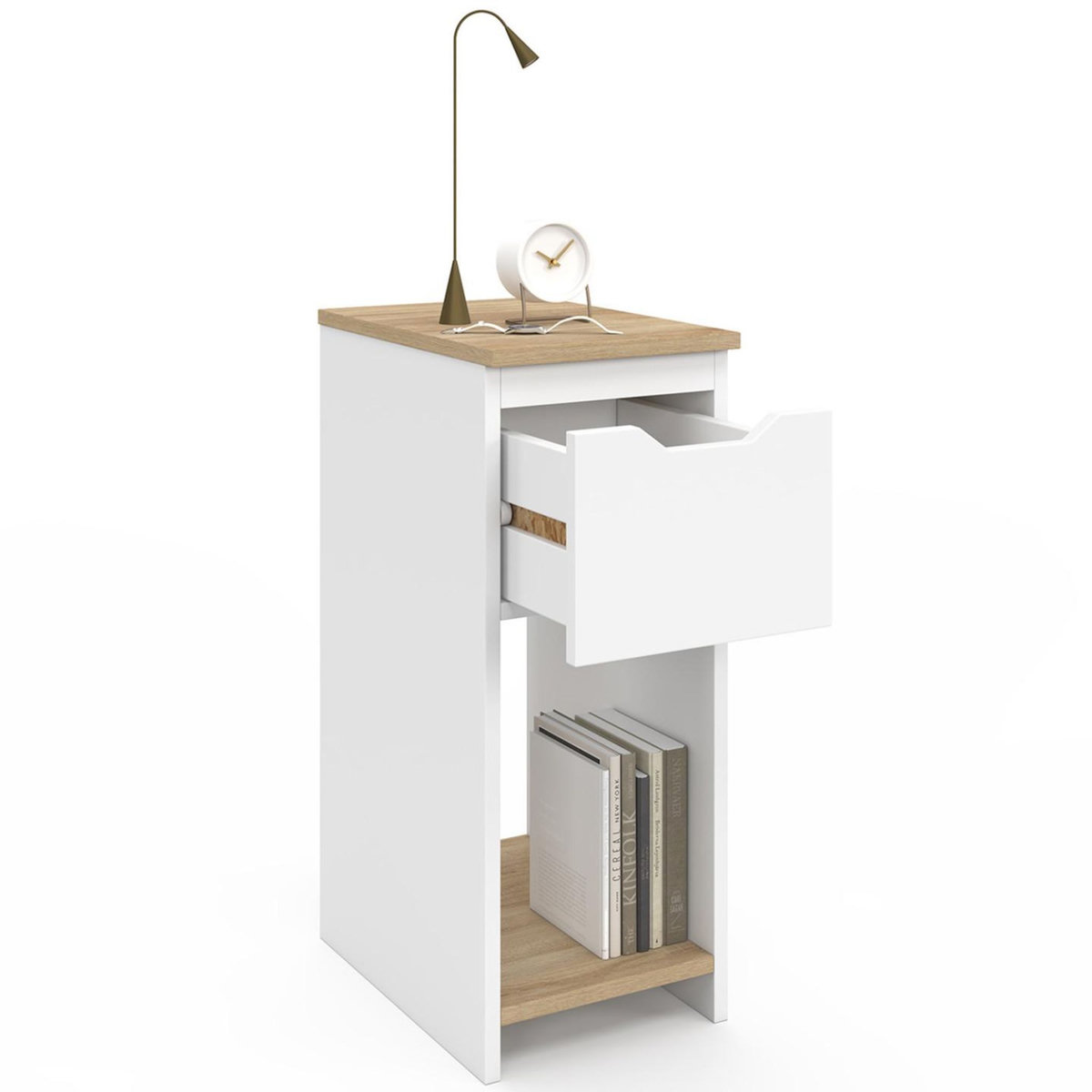 ID MARKET Lot de 2 tables de chevet étroites ANOUK 1 tiroir avec niche blanc et bois