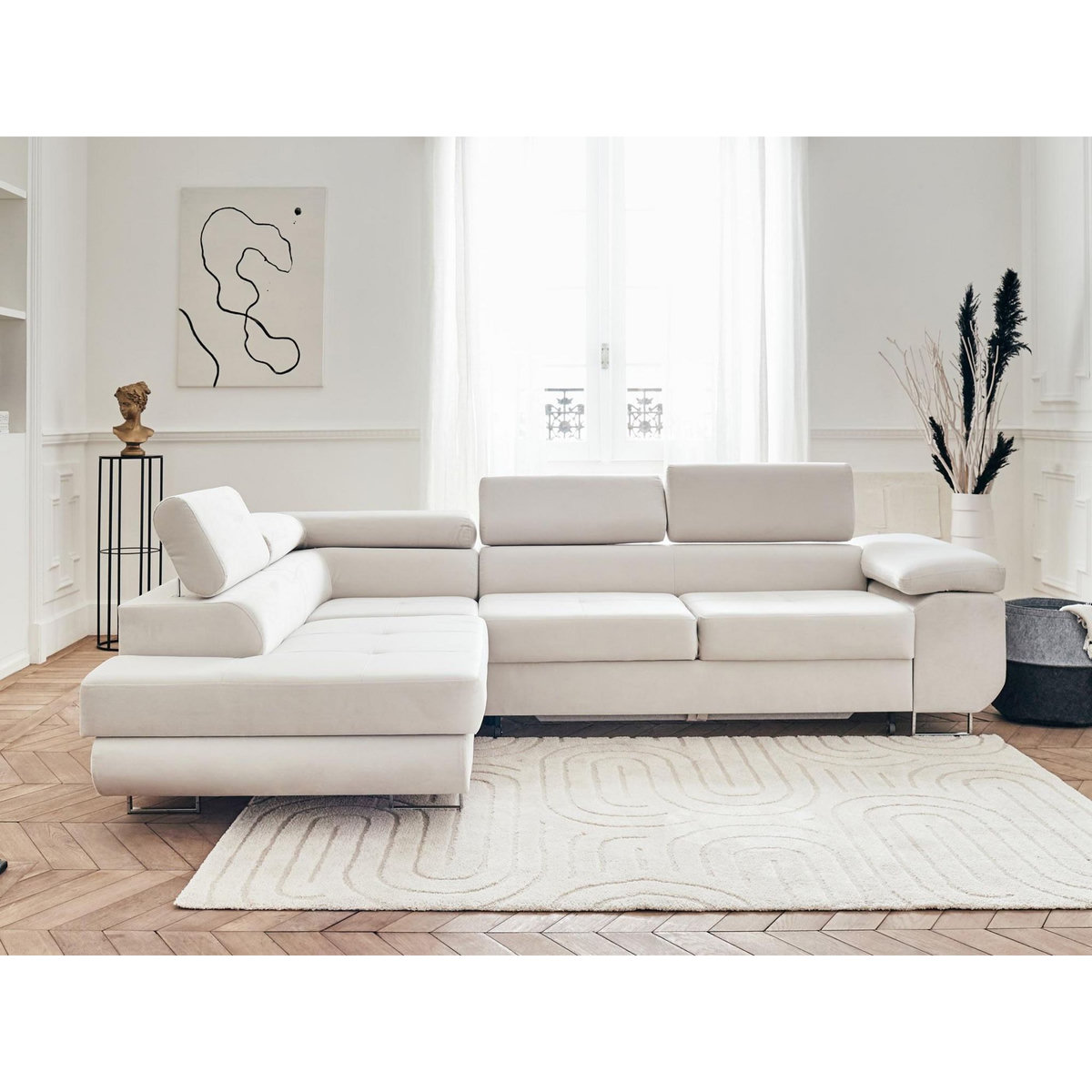 BEST MOBILIER Pablo - canapé d'angle gauche - 5 places - convertible avec coffre et têtières réglables - en velours