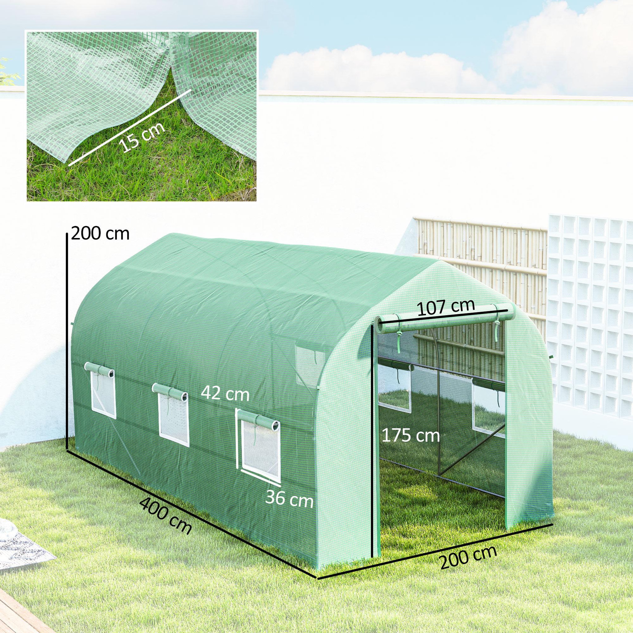 Voir la diapositive 3 : OUTSUNNY Serre tunnel de jardin 8 m² - 2 portes, 6 fenêtres - métal galvanisé bâche pe vert