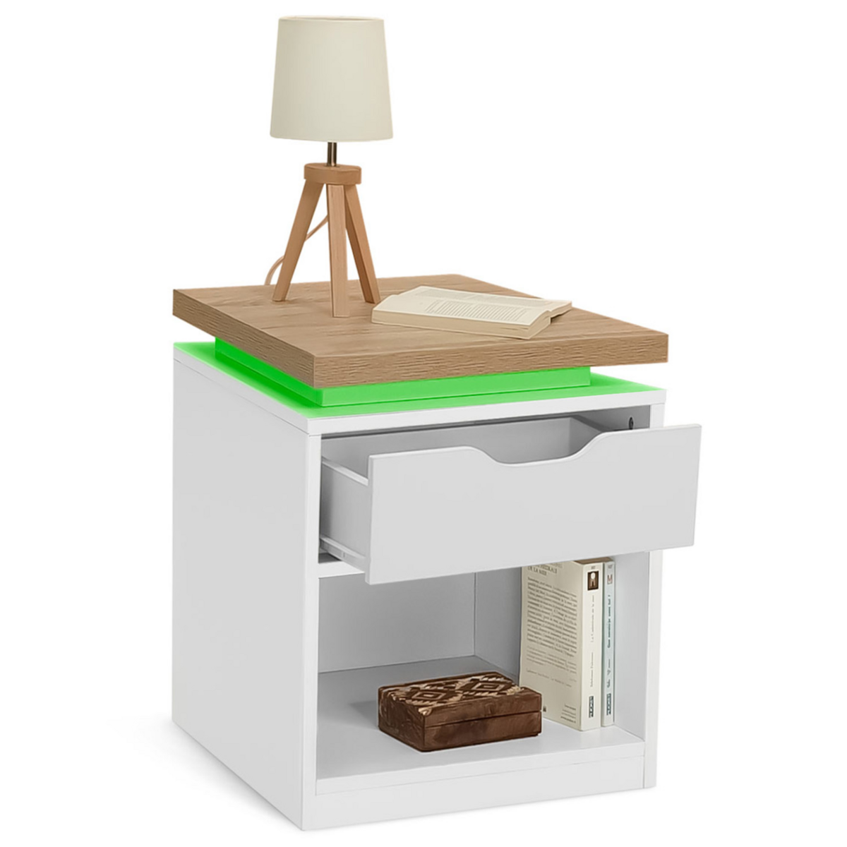 ID MARKET Lot de 2 tables de chevet LUNA à LEDS 1 tiroir avec niche blanc et plateau effet bois