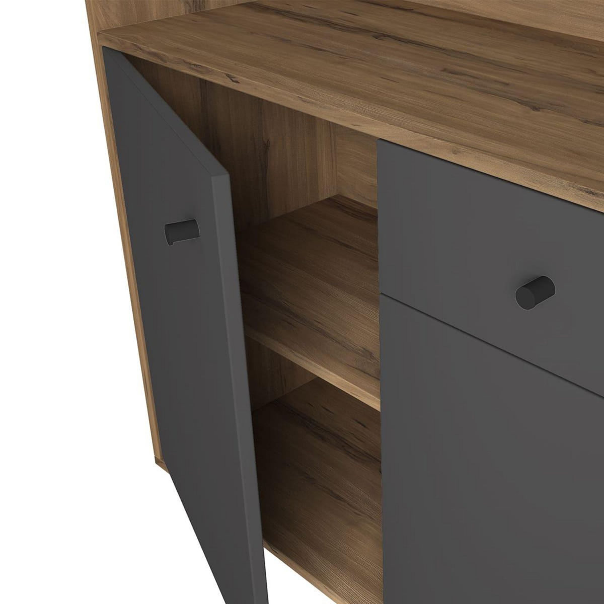 HOMIFAB Buffet 3 portes 1 tiroir gris anthracite et effet bois 136 cm - Aurelia