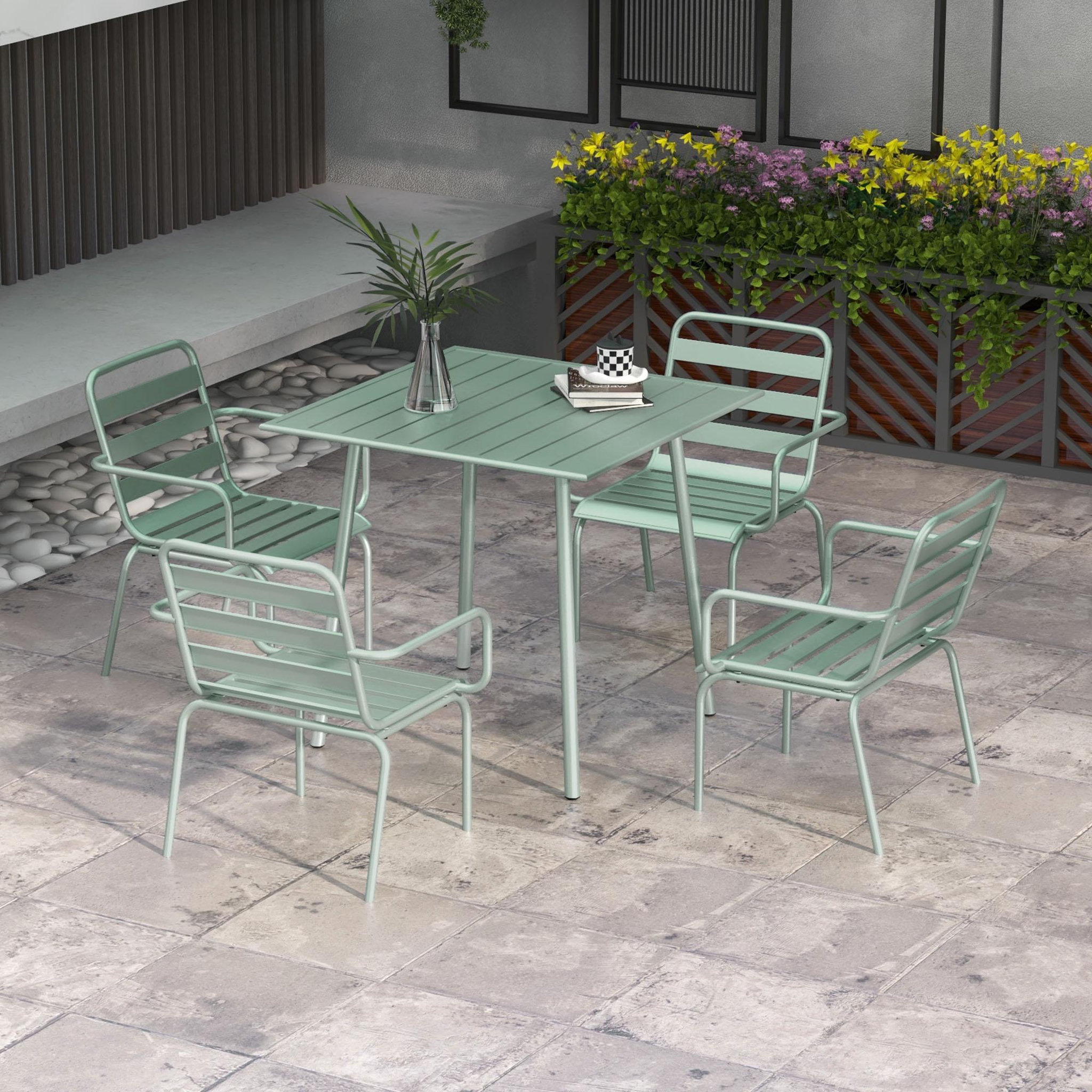 Voir la diapositive 2 : OUTSUNNY Salon de jardin 4 places 5 pièces - table à manger 4 chaises empilables - acier thermolaqué vert de gris