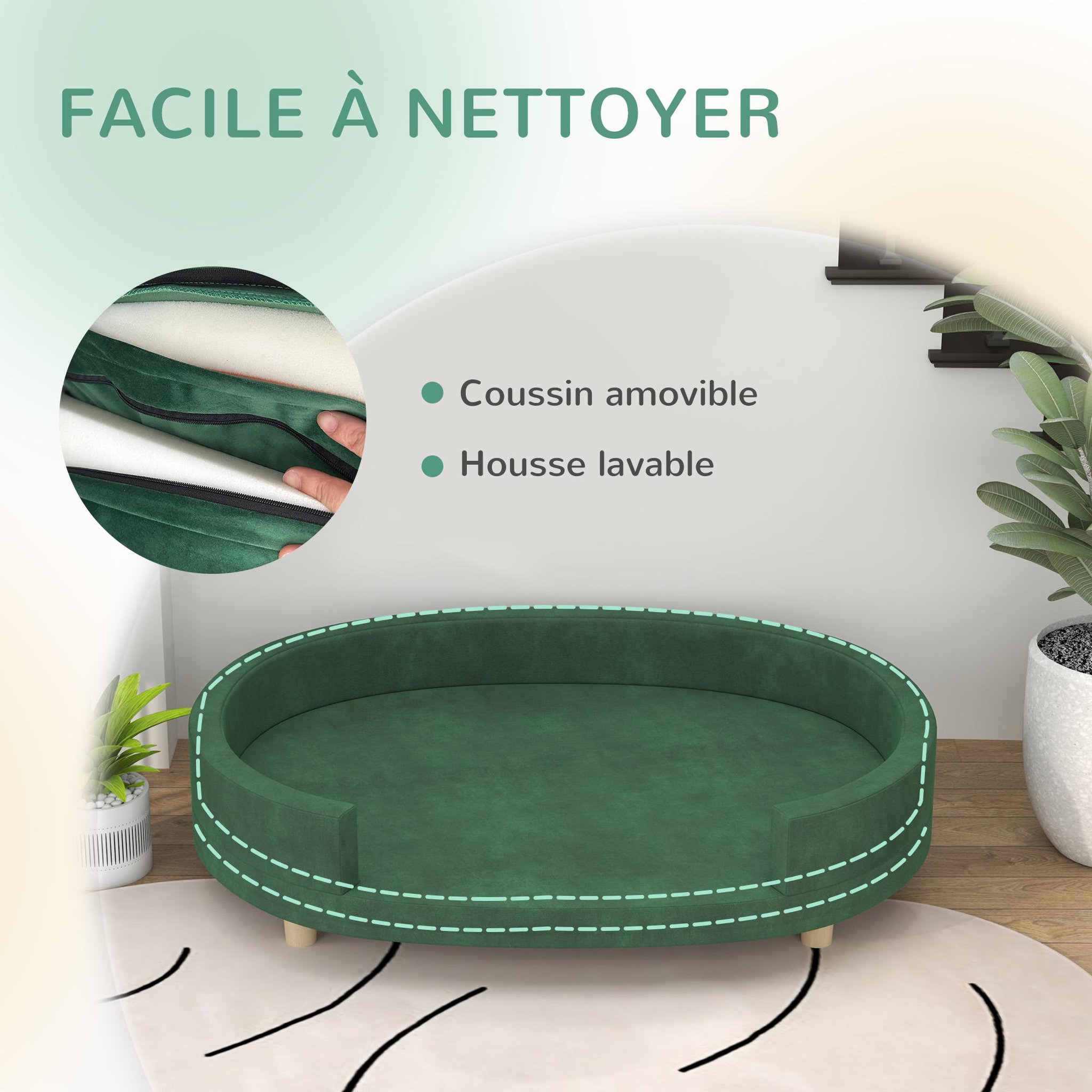 Voir la diapositive 5 : PAWHUT Canapé chien style nordique grande taille dim. 100l x 70l x 25h cm  - coussin amovible - piètement bois velours vert