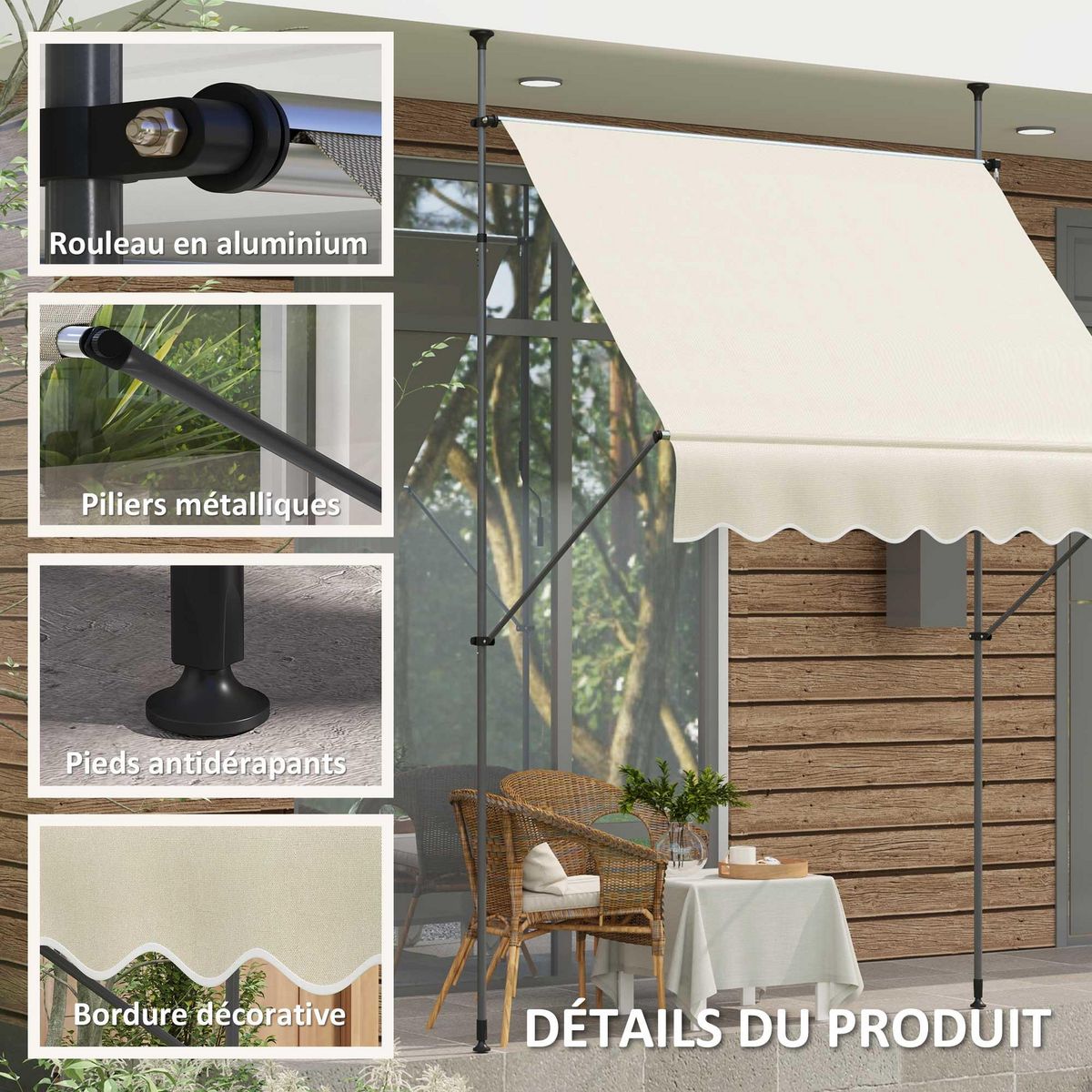 OUTSUNNY Store banne autoportant manuel inclinable rétractable 2 x 1,2(avancée) x 2,1-3H.m aucun perçage sable