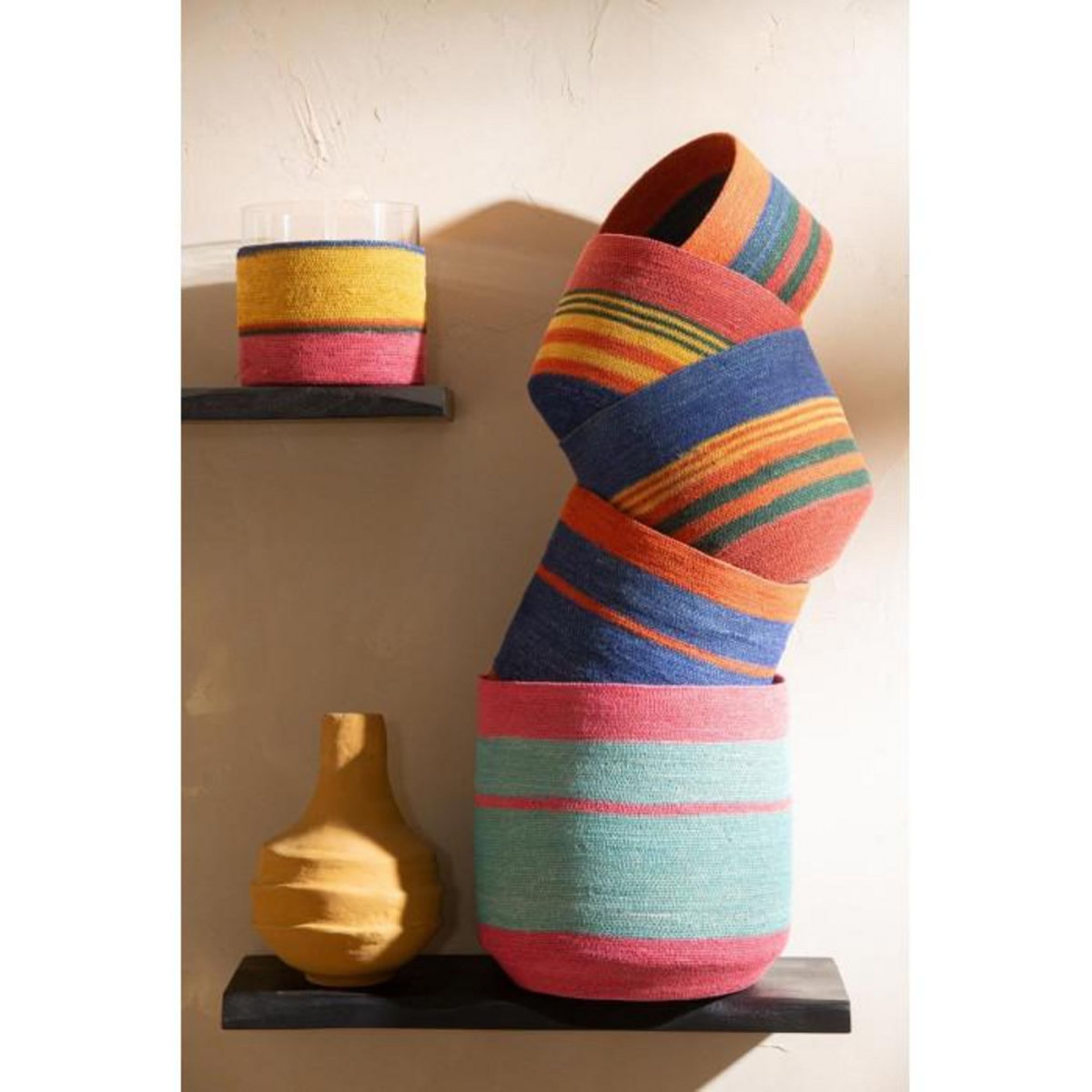 Paris Prix Photophore Déco Jonc de Mer  Desire  20cm Jaune & Rose