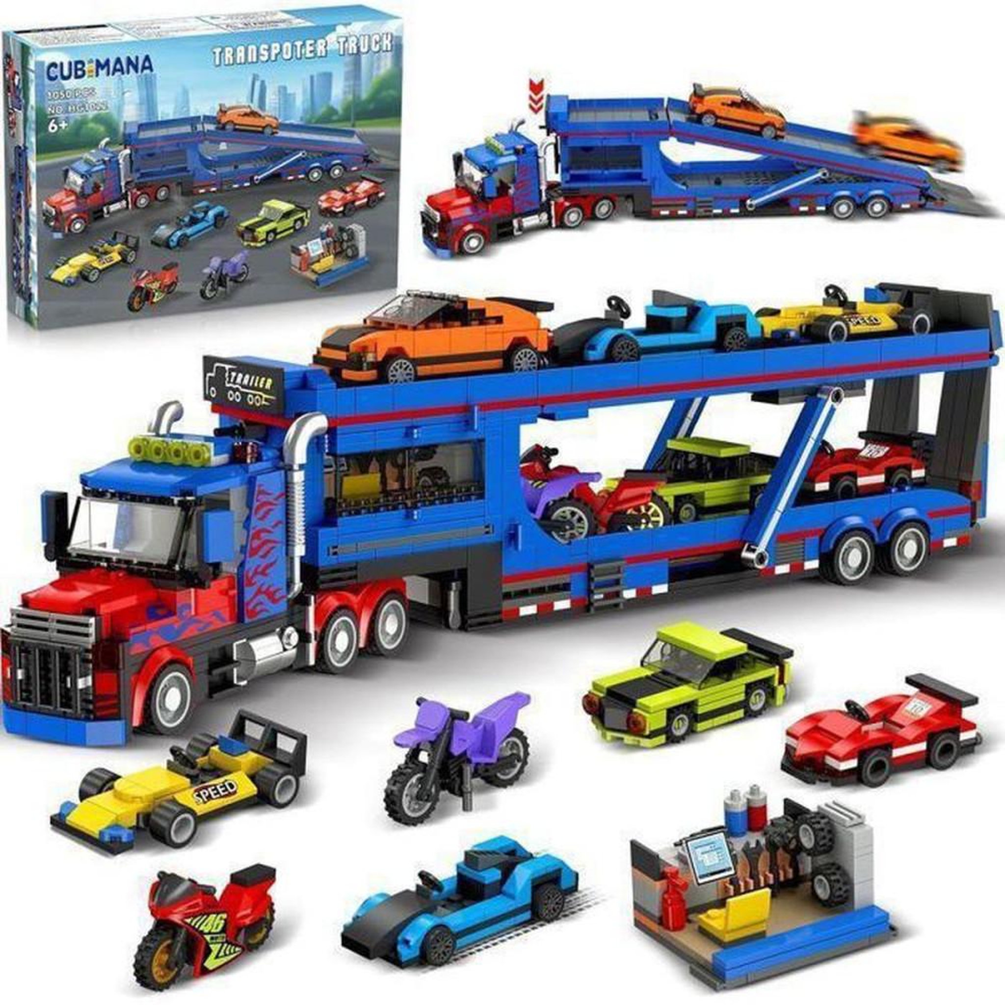 Jeu de construction camion transporteur 1050 pièces avec rampe ajustable, cabines ouvrante et toit amovible, atelier et mini voitures