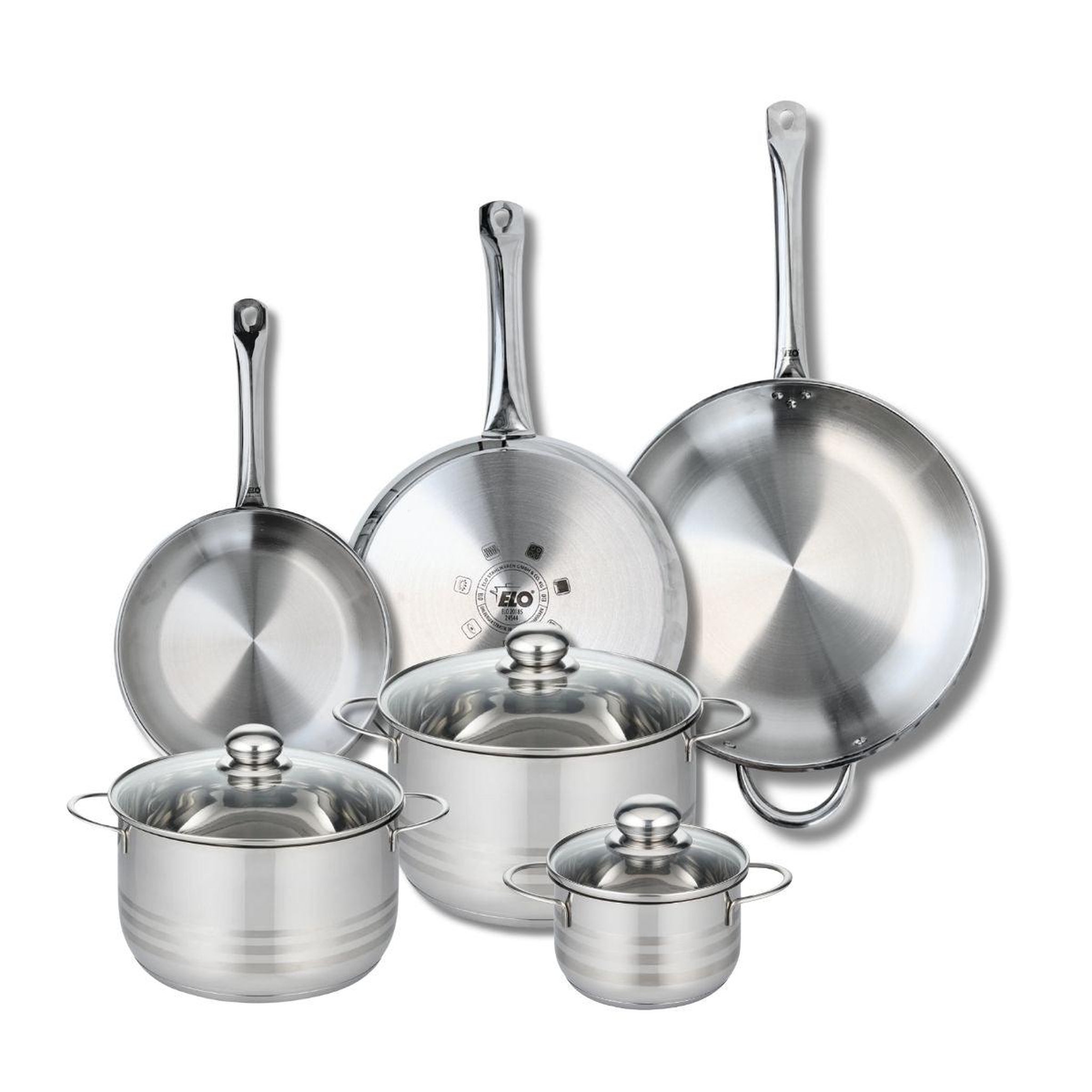 ELO Ensemble de 3 poêles de cuisson 24, 28 et 32 cm et 3 faitouts 14, 20 et 24 cm elo profi brillant