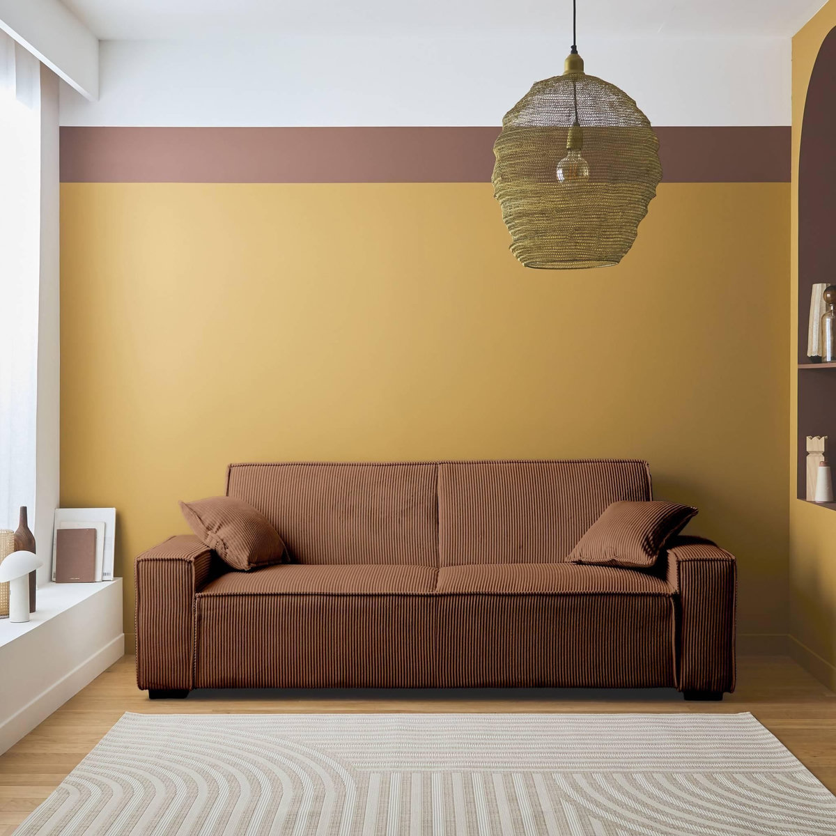 SWEEEK Canapé convertible 3 places camel velours côtelé L 231 x P 96.5 x H 80cm