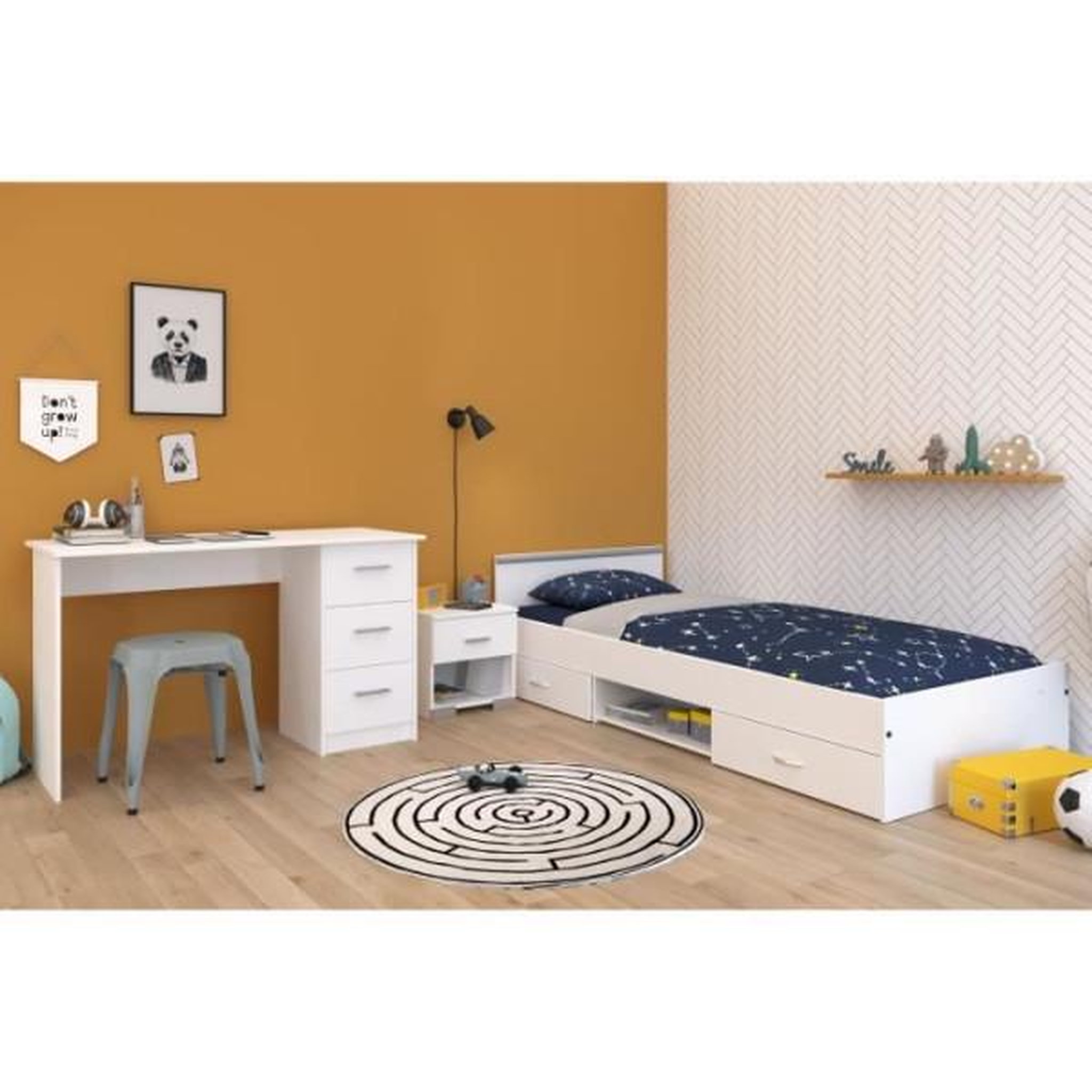 Voir la diapositive 5 : PARISOT Chambre complete enfant 3 pieces ZODIAC - Lit + chevet + bureau - Décor blanc - PARISOT