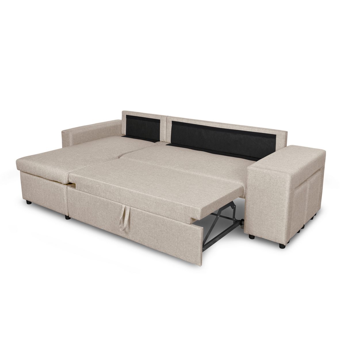 Canapé d'angle réversible convertible avec coffre + 2 poufs avec niche fixe à droite ANETTA