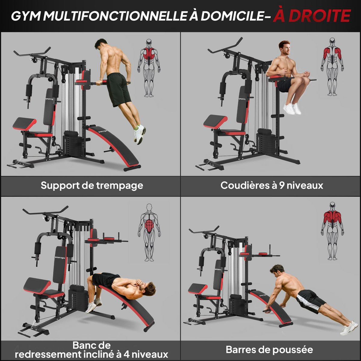 HOMCOM Station de musculation - banc, développé couché, butterfly, barre latissimus et traction, curler, bande résistance, 10 contrepoids - acier noir rouge
