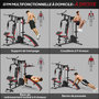 Voir la diapositive 5 : HOMCOM Station de musculation - banc, développé couché, butterfly, barre latissimus et traction, curler, bande résistance, 10 contrepoids - acier noir rouge