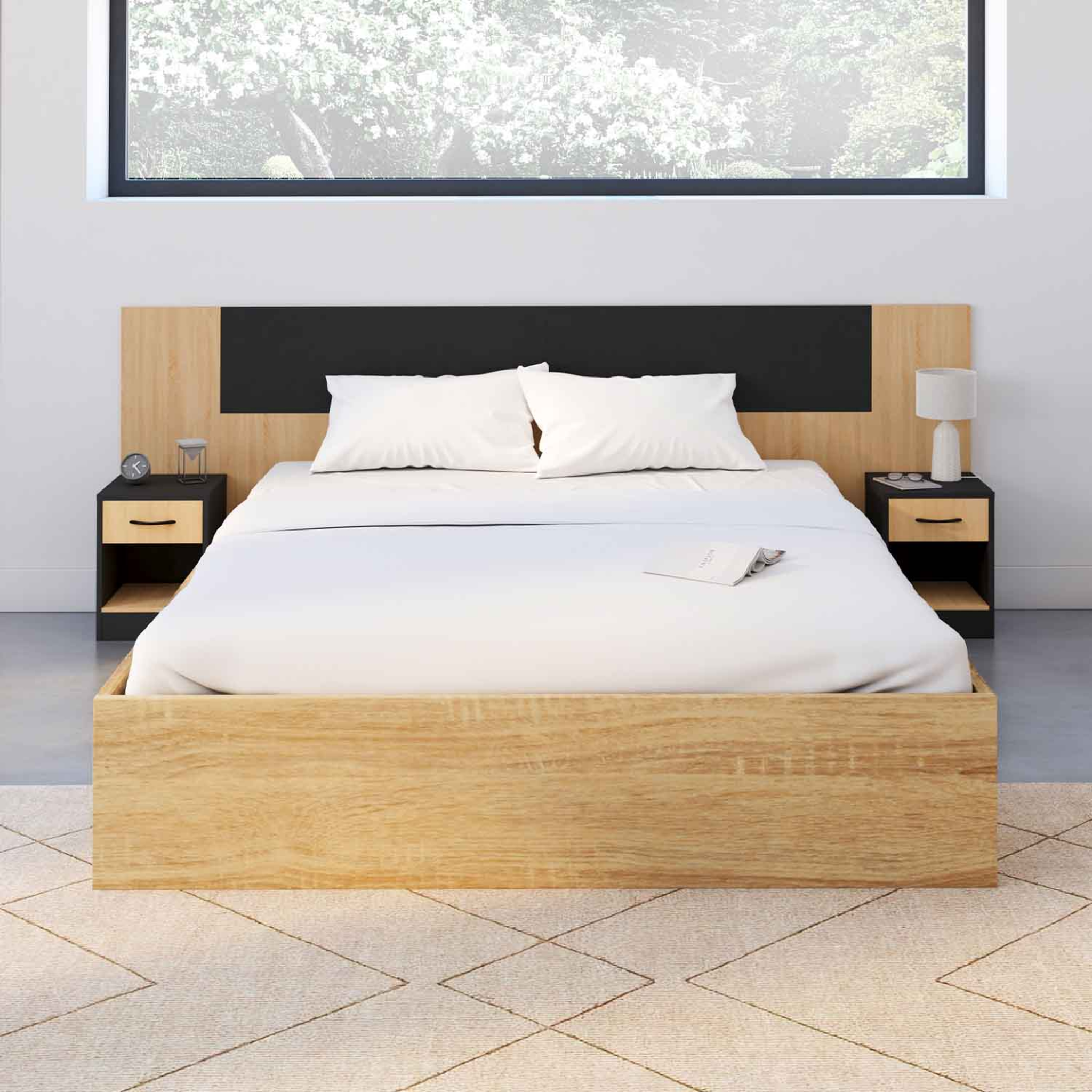 Voir la diapositive 2 : ID MARKET Tête de lit sur pied avec chevets modulables sapa pour lit 140, 160 ou 180 cm bois et noir