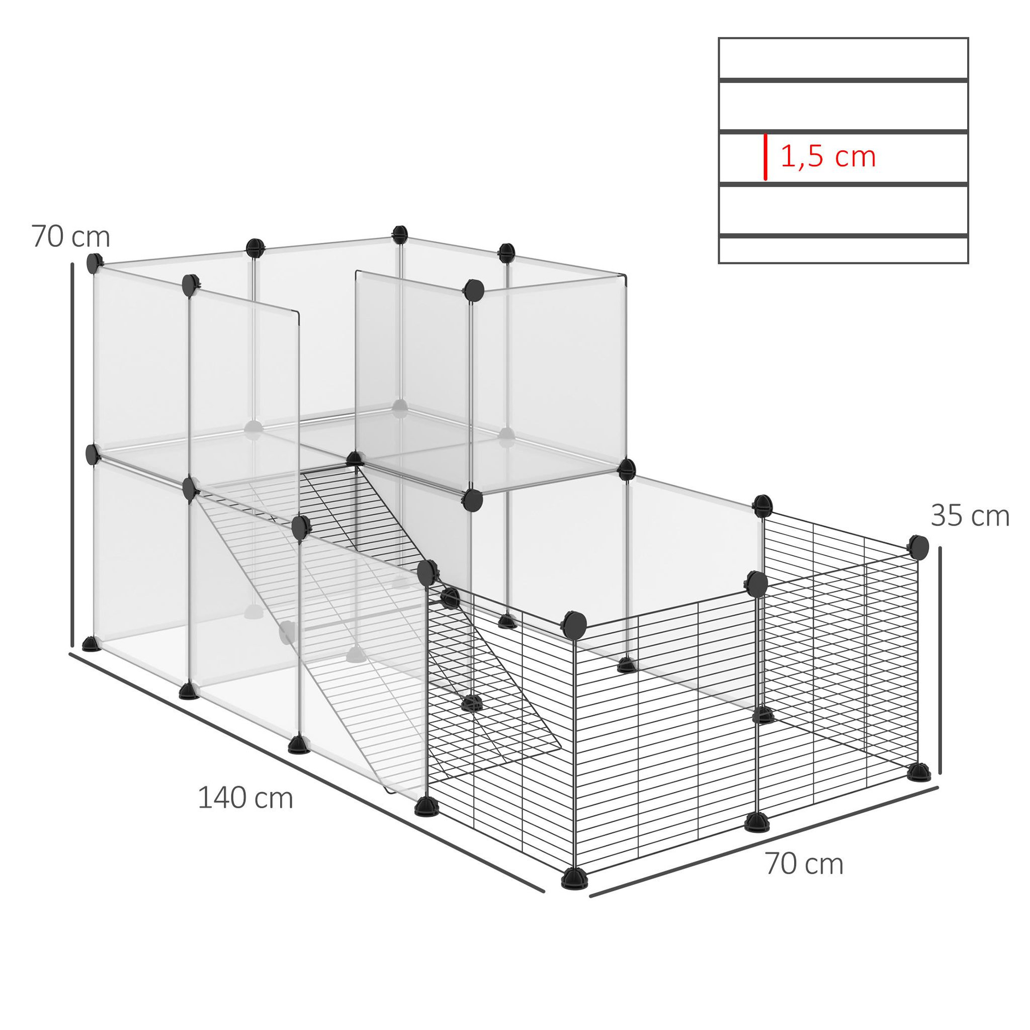 Voir la diapositive 3 : PAWHUT Pawhut cage parc enclos modulable petits animaux de compagnie - dim. Standards 140l x 70l x 70h cm - 27 panneaux bords arrondis - résine pp fils d'acier noir