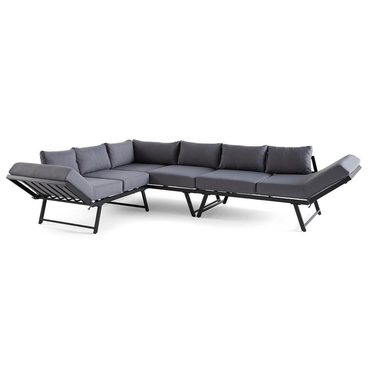 BEST MOBILIER Konna – salon de jardin d'angle en acier noir – 5 places - coussin gris et table incluse