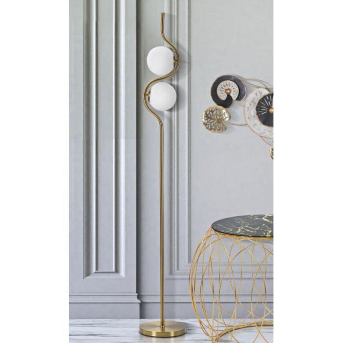 Paris Prix Lampadaire Design 2 Sphères  Luci  168cm Blanc & Or