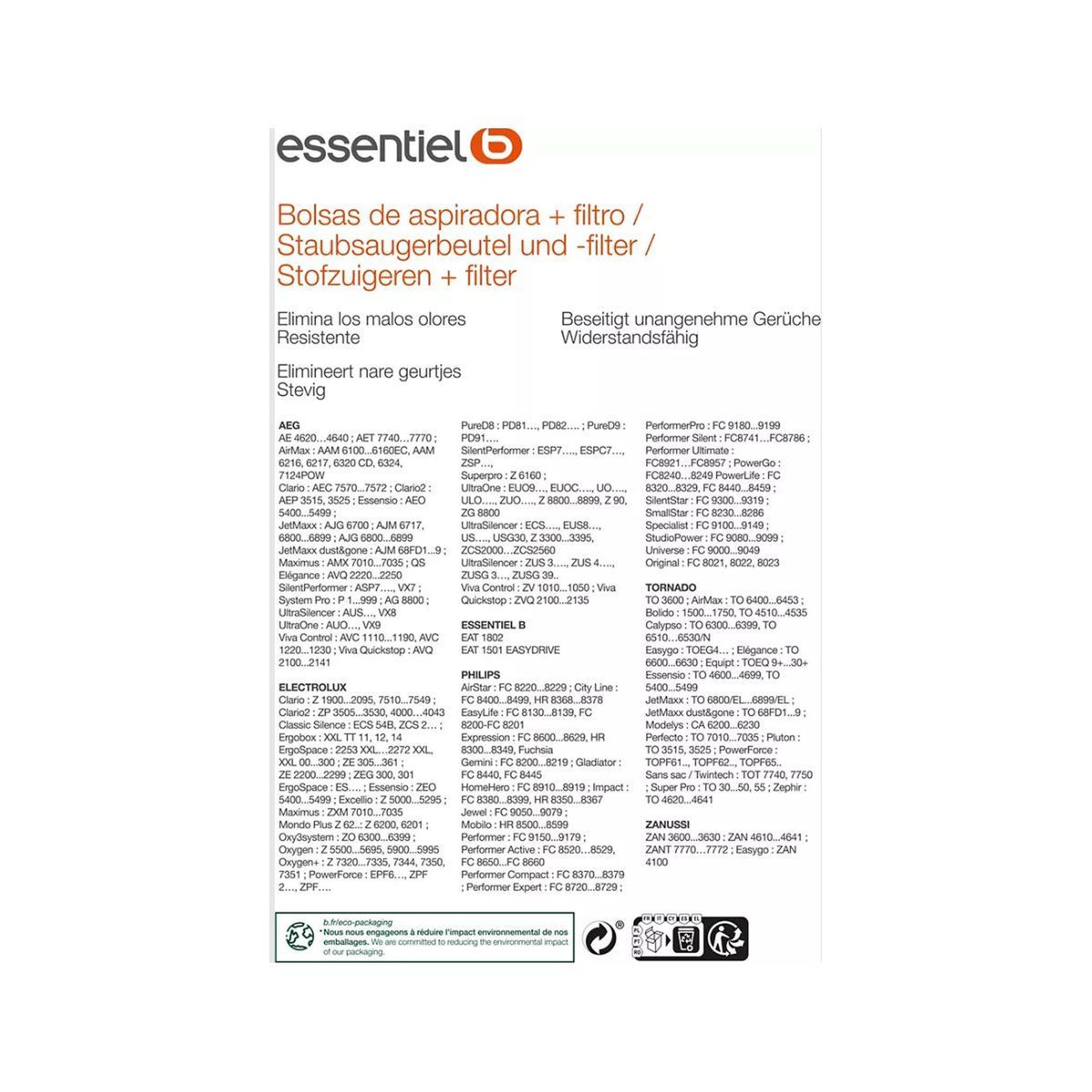 Voir la diapositive 2 : ESSENTIEL B Sac aspirateur eb1800