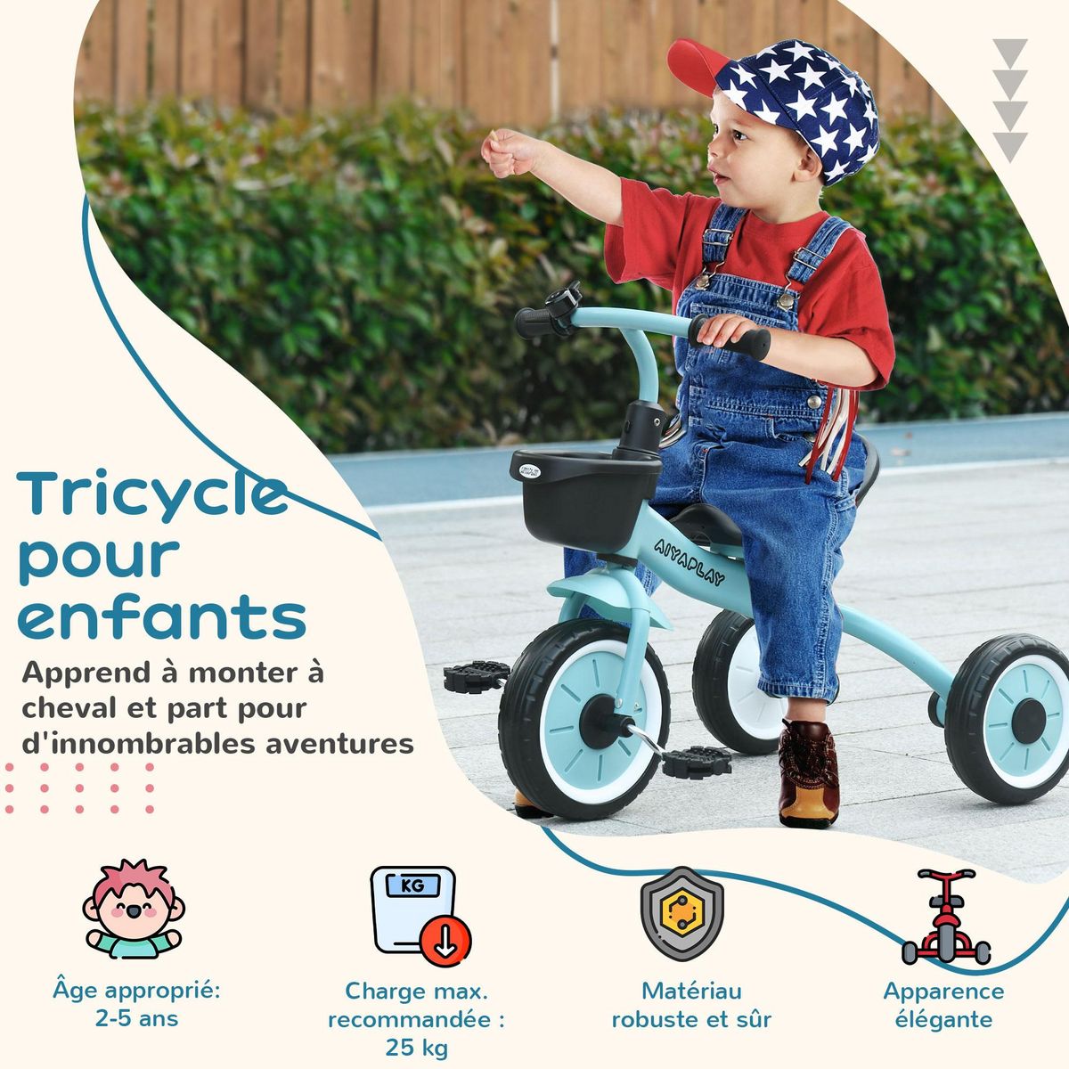 HOMCOM Tricycle enfant multi-équipé garde-boue sonnette panier pédales antidérapantes siège réglable avec dossier métal bleu ciel