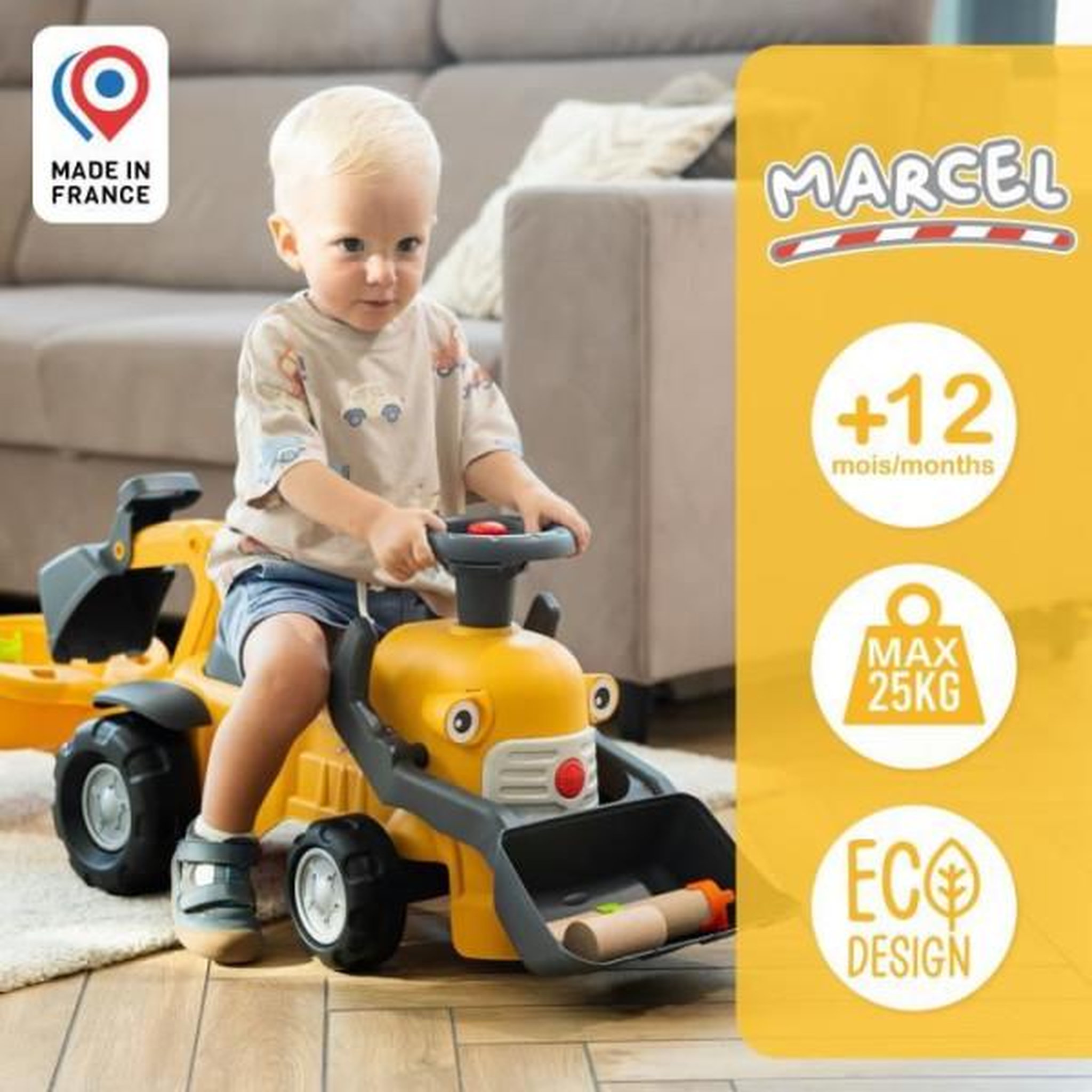 Voir la diapositive 4 : FALK Porteur Trotteur  Chantier Marcel - FALK - Pelle frontale, excavatrice - Jaune - Fabriqué en France - 90% de plastique recyclé - Des 12
