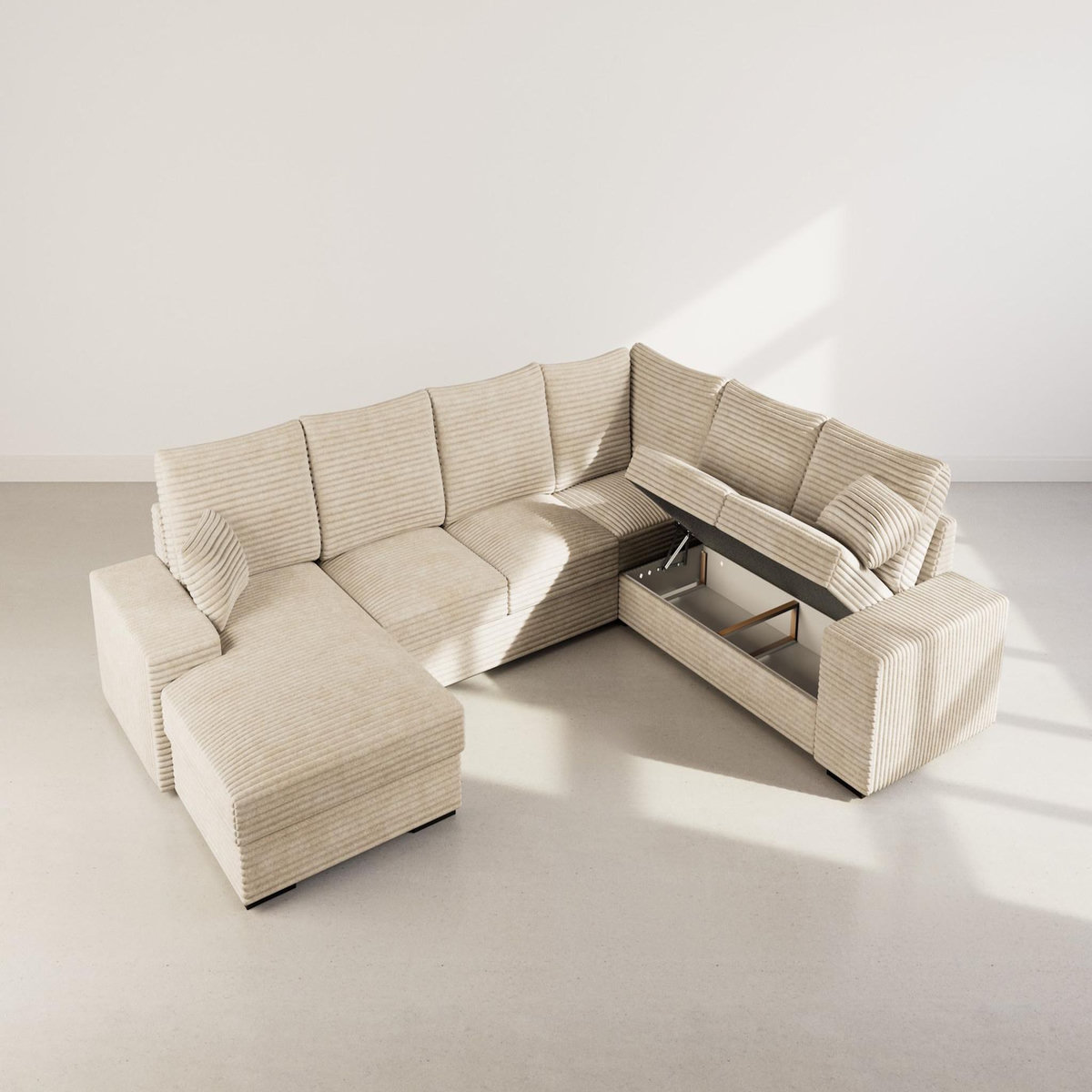 BEST MOBILIER Lorie - canapé panoramique d'angle droit 7 places convertible en velours côtelé grosse côte avec coffre