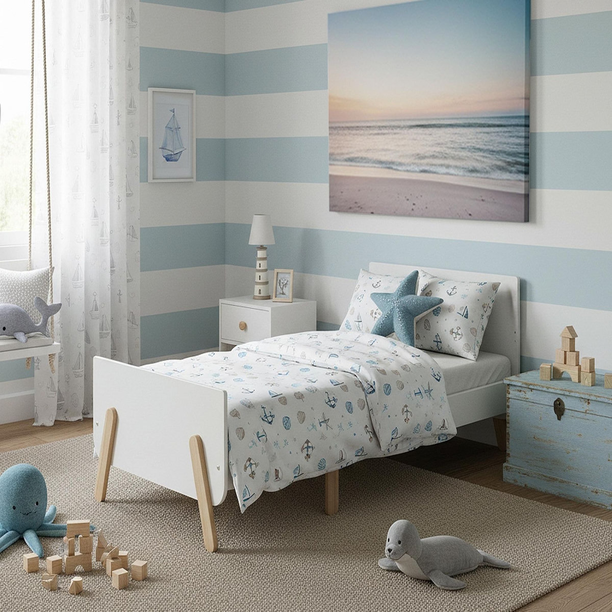 WEBABY Lit enfant extensible en bois 80x140-165-190 PIRATE avec matelas - Blanc