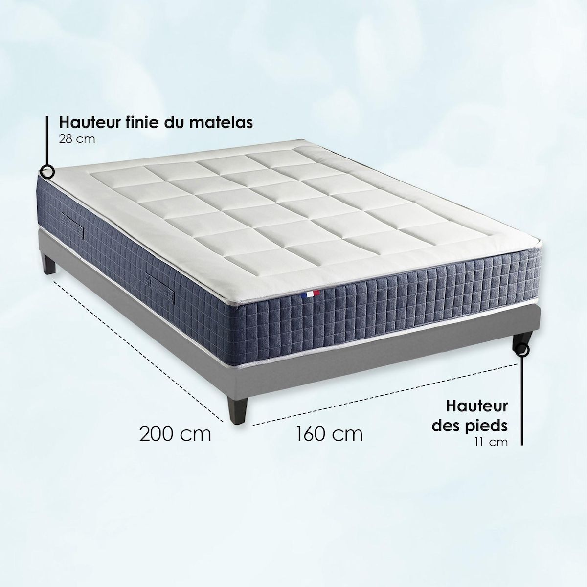 IDLITERIE Ensemble Matelas Ressort 7 zones + Mémoire de forme + Sommier KING STYLE + couette + oreillers - Fabriqué en France