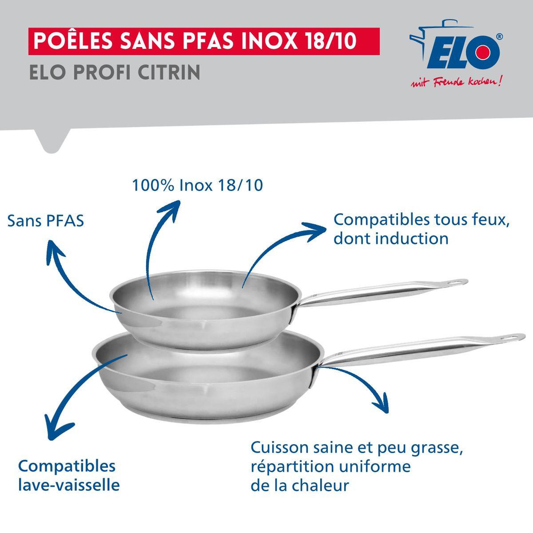 Voir la diapositive 4 : ELO Ensemble de 2 poêles de cuisson 24 et 28 cm et 3 faitouts 14, 16 et 20 cm elo profi citrin