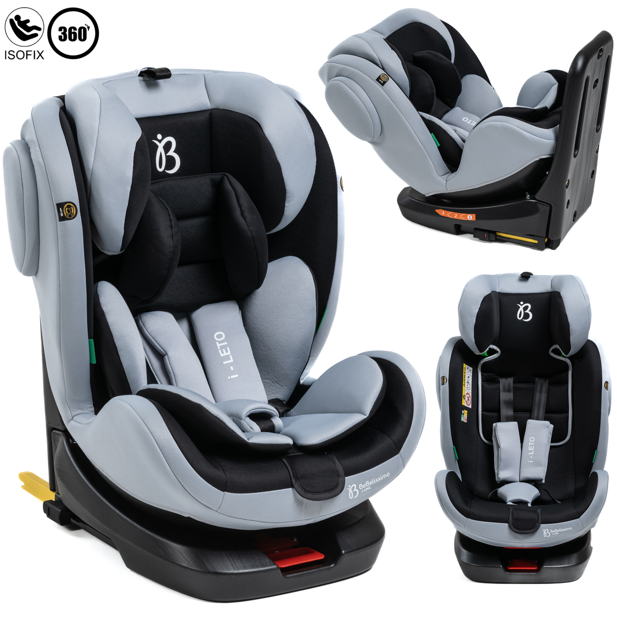 BEBELISSIMO BEBELISSIMO - Siège auto Isofix - pivotant 360 ° - groupe 0+/1/2/3 - (0-36kg) - i-Leto - gris/noir - protections latérales