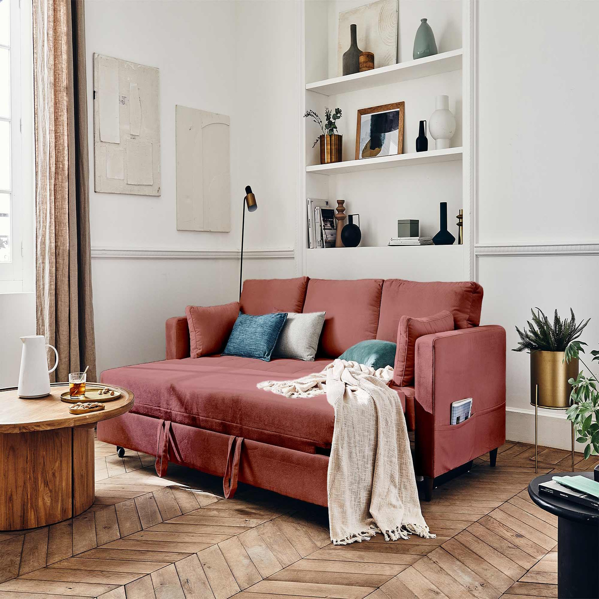 Voir la diapositive 2 : BEST MOBILIER Anna - canapé droit 3 places convertible avec poche en velours