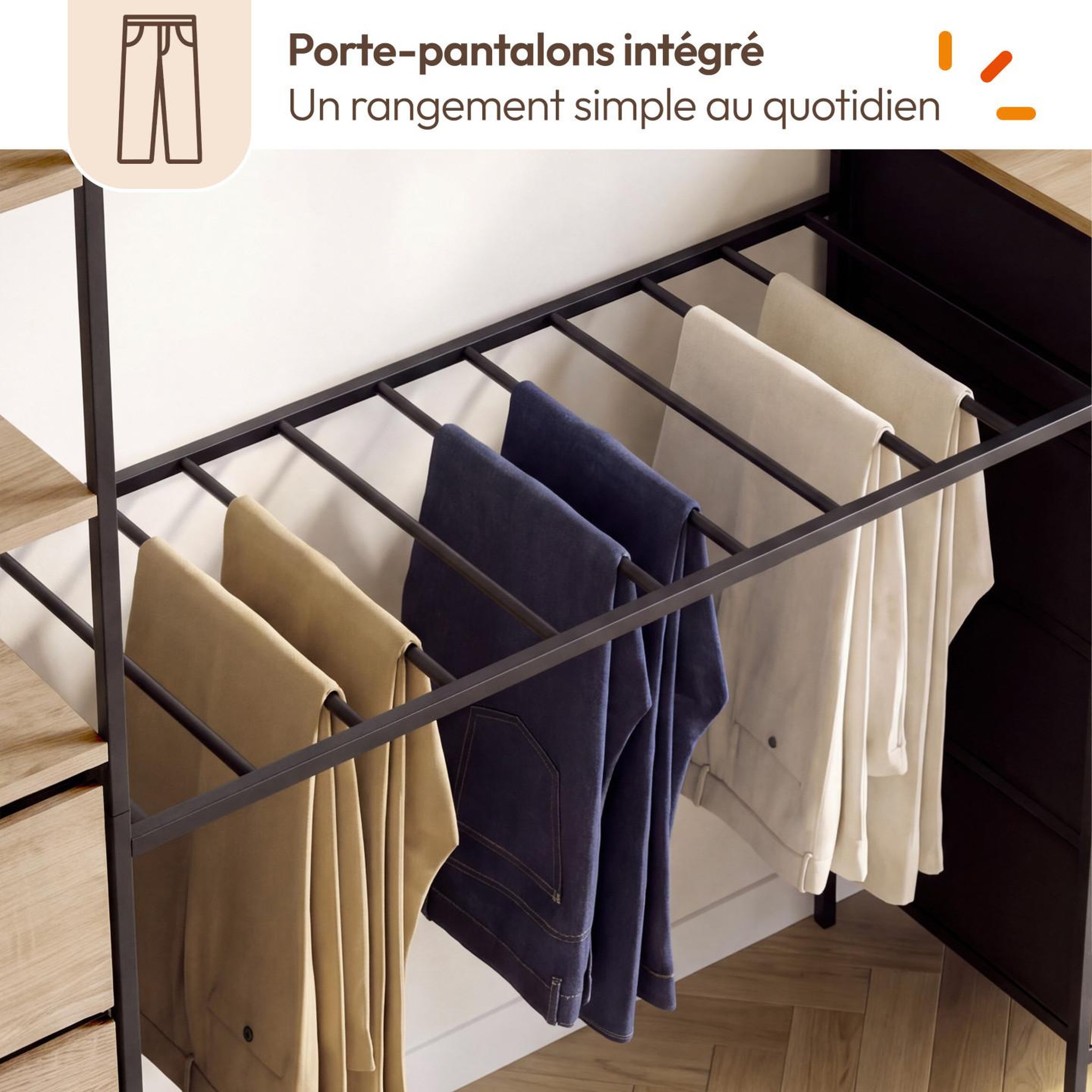 Voir la diapositive 6 : ID MARKET Dressing double xxl utah 180 cm avec porte pantalons, étagères, bacs en tissu et porte chaussures bois et noir