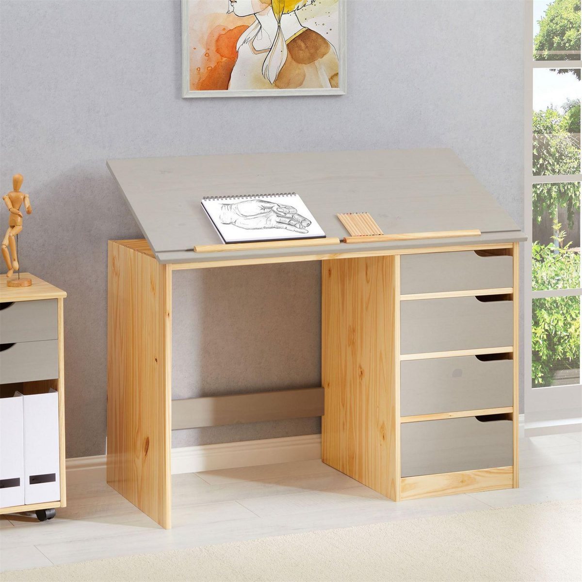 IDIMEX Bureau enfant EMMA, en pin massif, 4 tiroirs et plateau inclinable