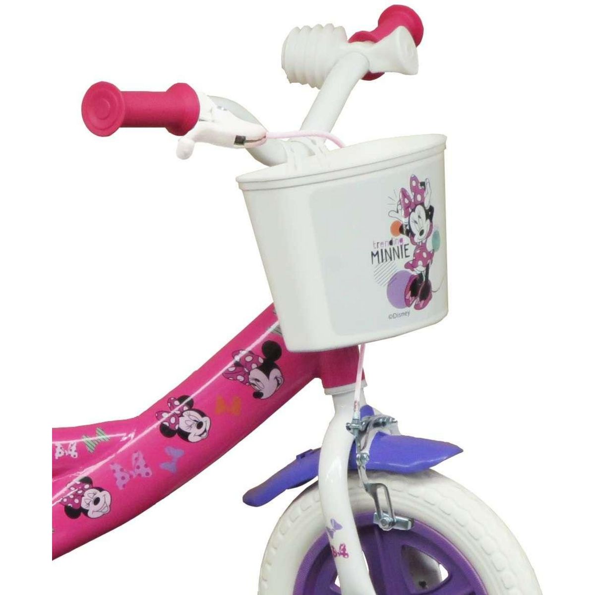 Disney Minnie Vélo enfant - Modèle 10'' Minnie de Disney pour enfant de 75/90 cm avec stabilisateurs - Panier avant - 1 frein et roues batons