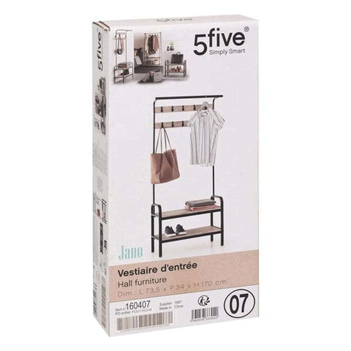 FIVE Porte-manteaux d'entrée design industriel Jano - L. 73 x H. 170 cm - Noir