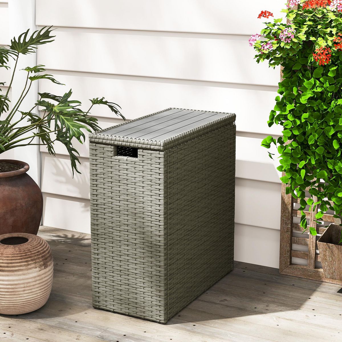 OUTSUNNY Coffre de jardin en résine tressée 66L dim. 28 x 55 x 60 cm plateau bois acacia gris