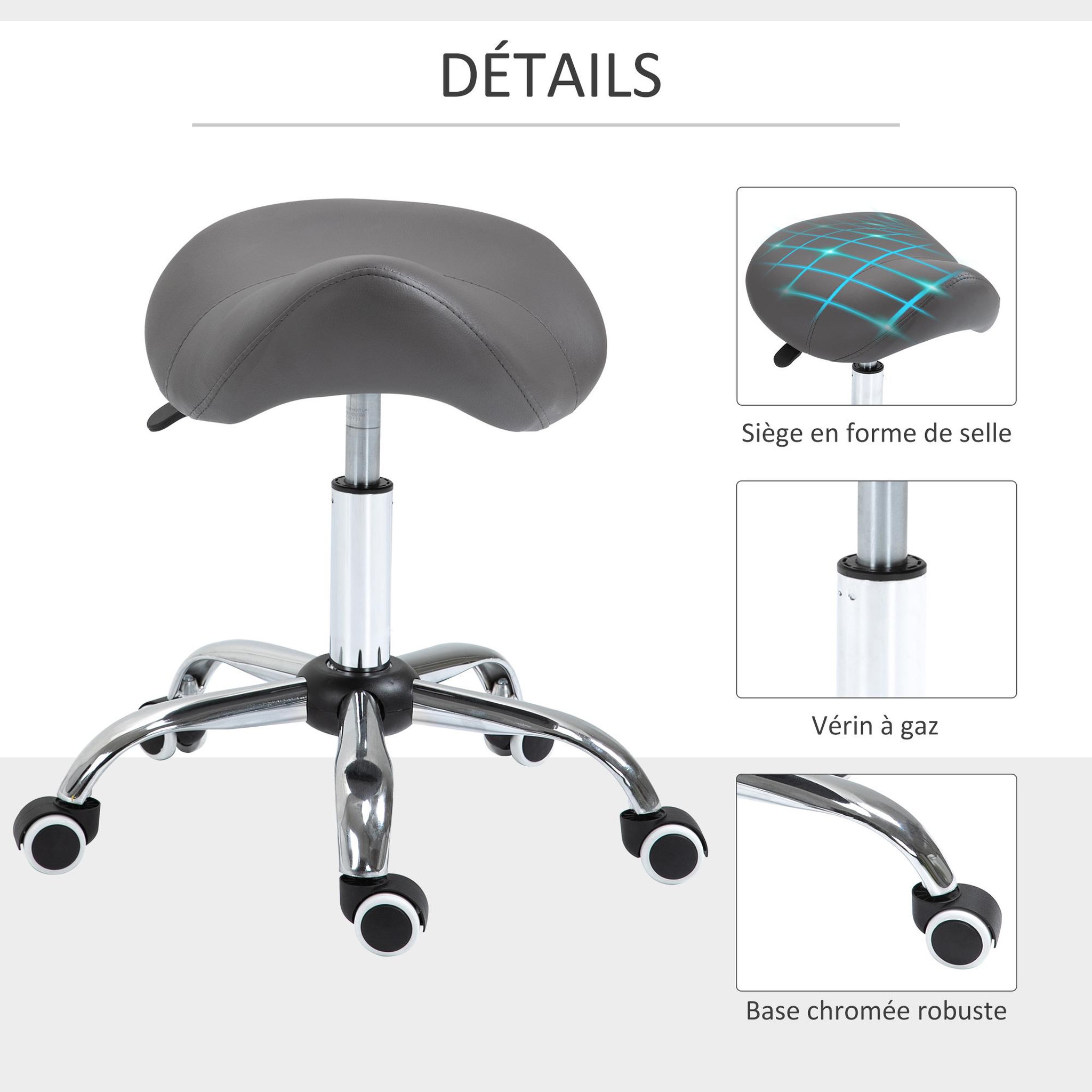 Voir la diapositive 5 : HOMCOM HOMCOM Tabouret de massage tabouret selle ergonomique pivotant 360° hauteur réglable revêtement synthétique gris chromé