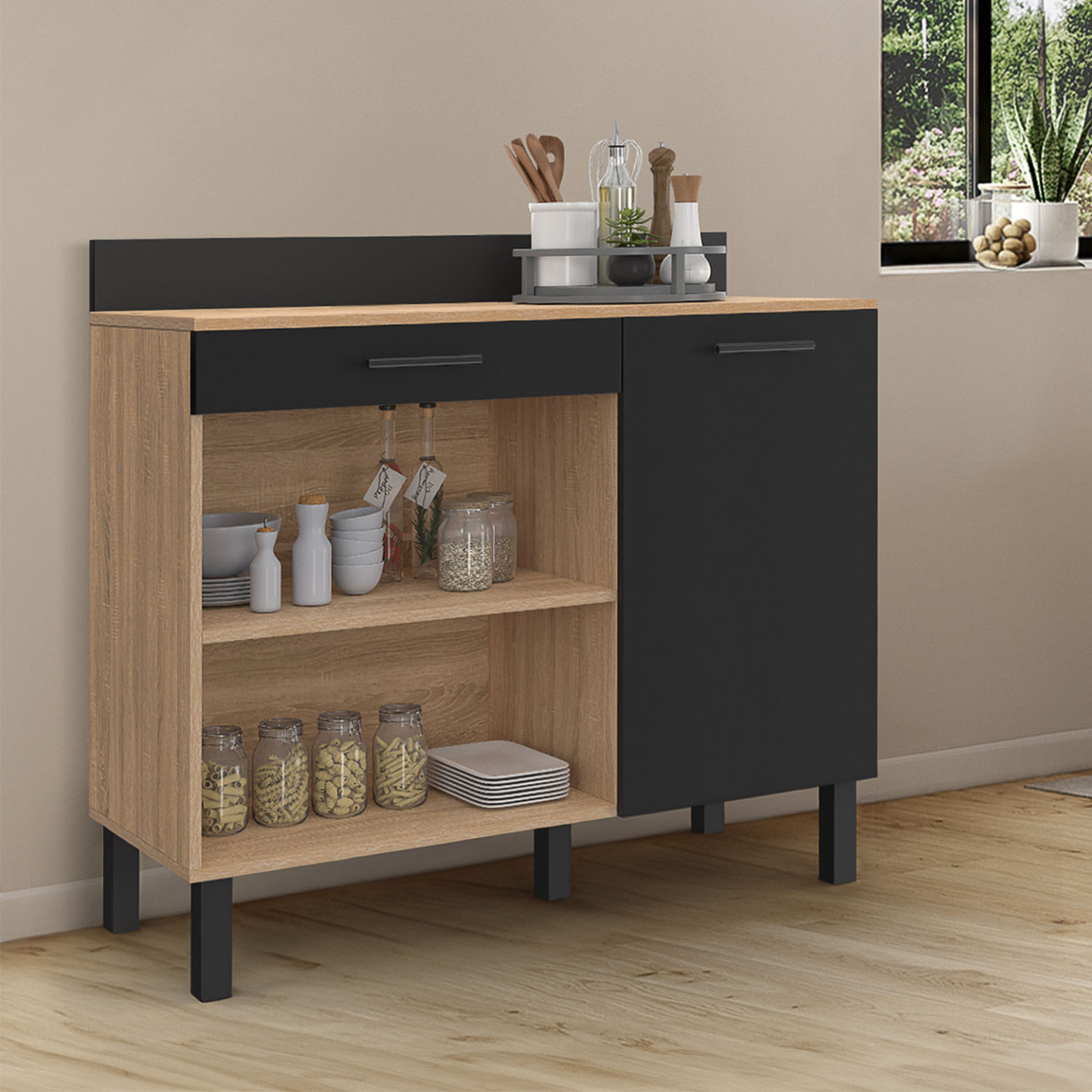 Voir la diapositive 2 : ID MARKET Buffet bas de cuisine 100 cm cina plan de travail h.83 cm 1 porte + 1 tiroir façon hêtre et noir