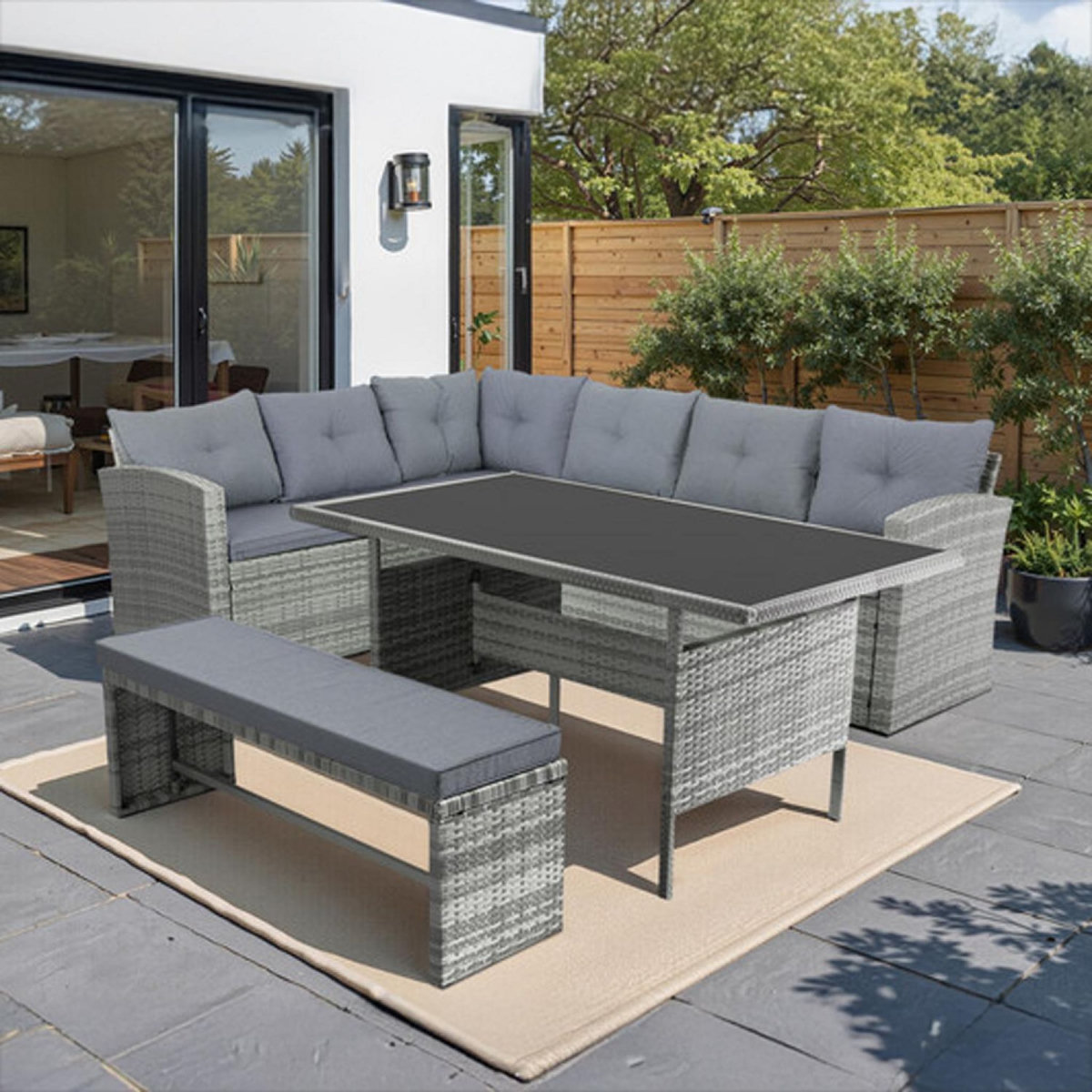 CONCEPT USINE Salon de jardin 8 places avec canapé d'angle en résine tressée grise MOOREA