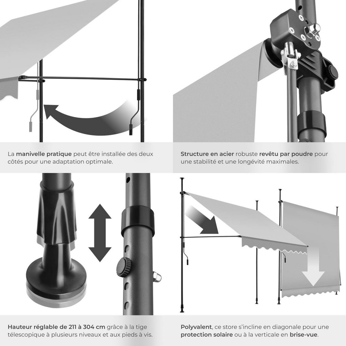 tectake Store à pince sans perçage avec manivelle gris clair 200 x 180 cm